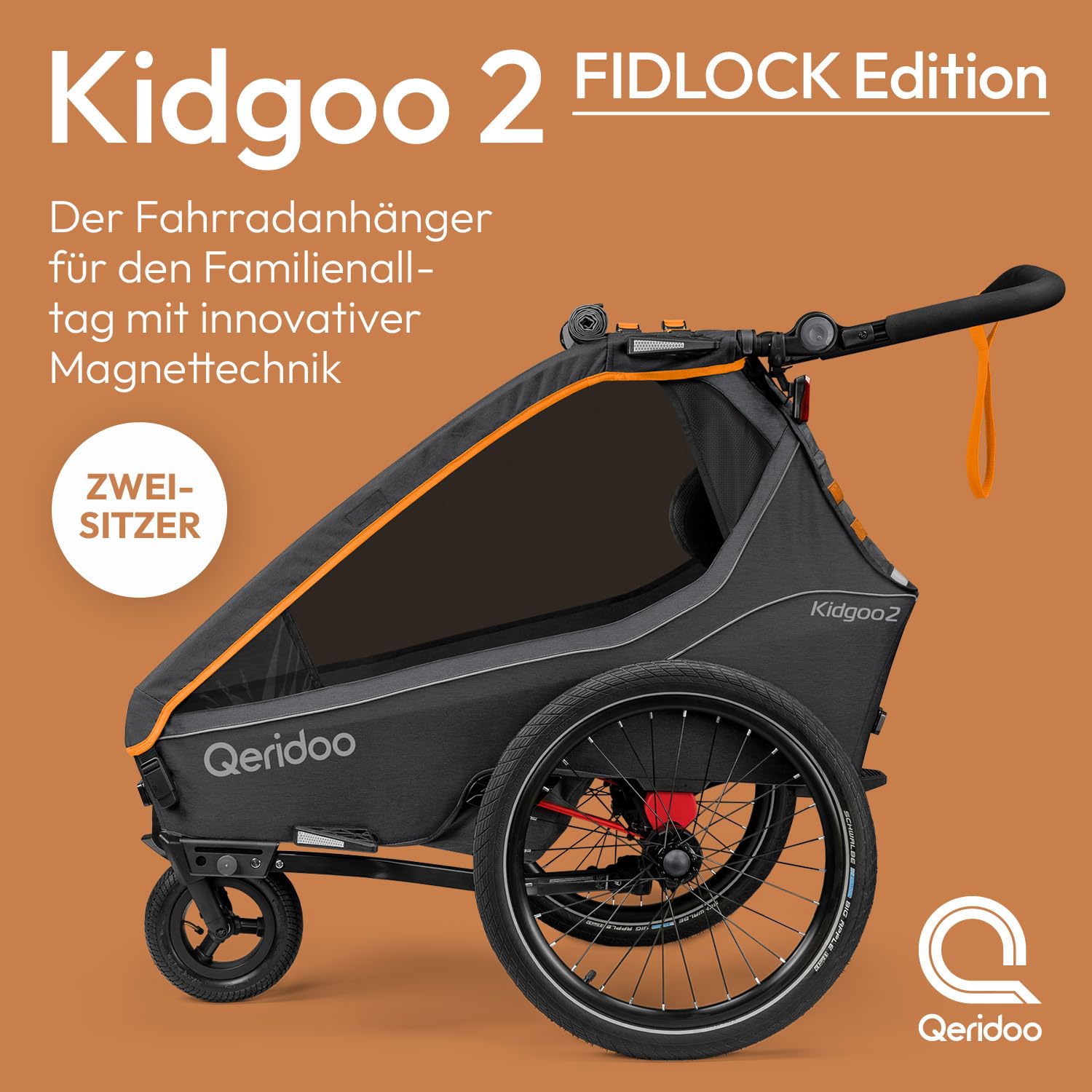 Qeridoo Kidgoo 2 FIDLOCK Edition | Kinderfahrradanhänger 2 Kinder | Fahrrad Anhänger mit Federung & FIDLOCK Gurtsystem | Jogger Kinderwagen | Fahrradanhänger klappbar | Kinderbuggy 45L | Bike Trailer