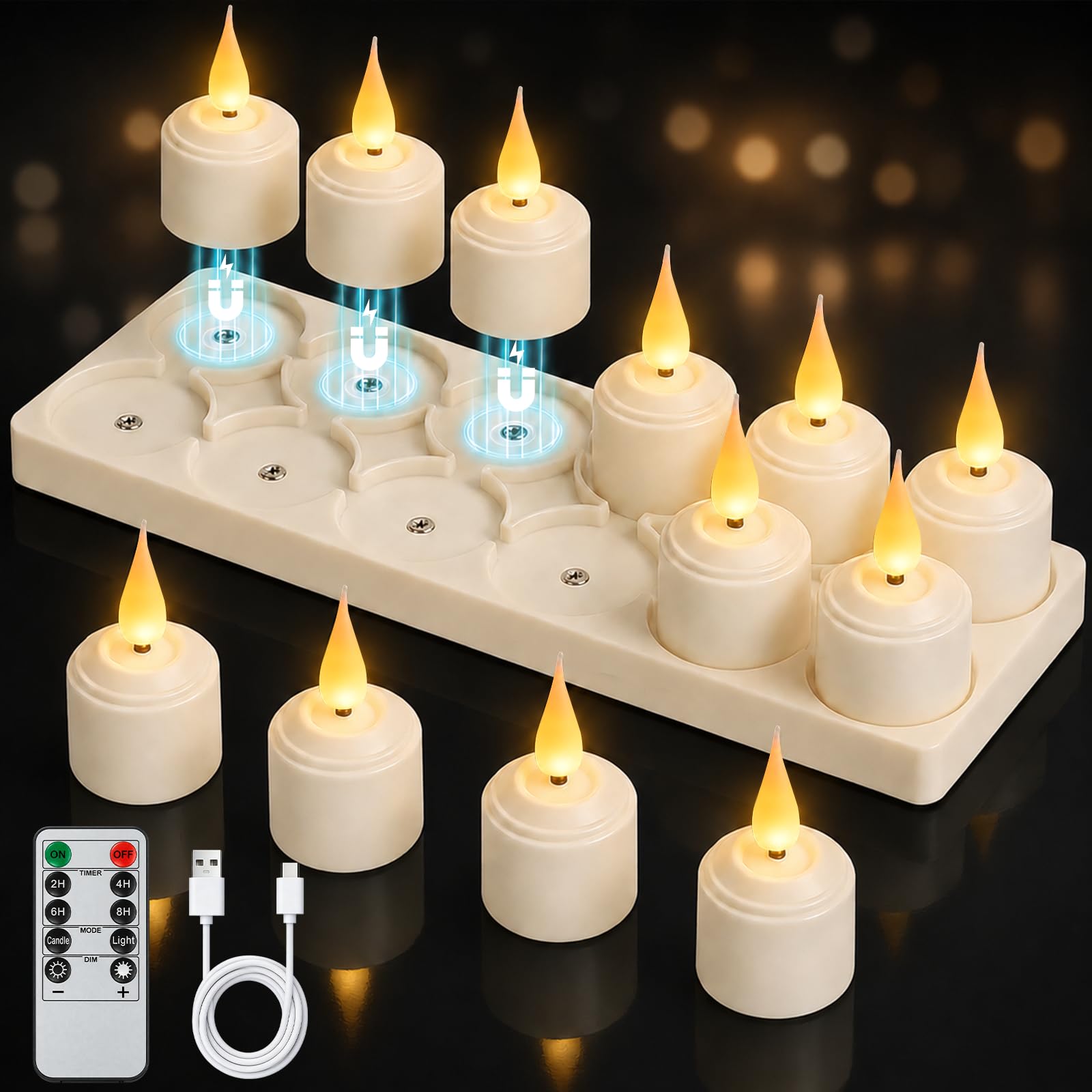 Lámparas de Té LED Recargables con Mando a Distancia, 200H, Temporizador, Llama Parpadeante, Regulables – Ideales para Fiestas, Salón y Decoración Navideña
