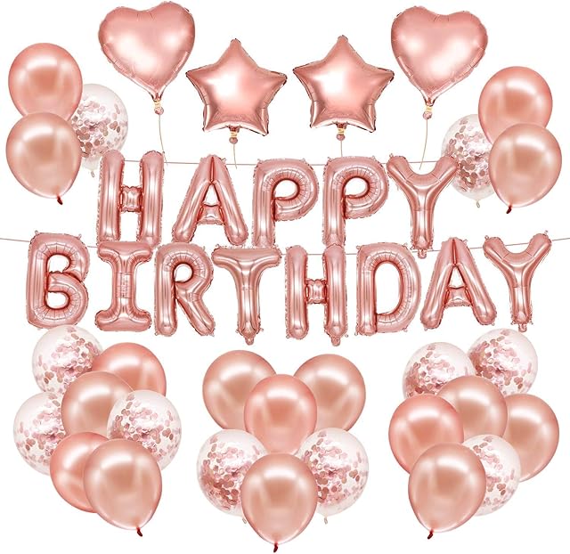 HusDow Rose Gold Birthday Party Decorations, Happy Birthday Banner with Rose Gold Latex Confetti Balloons Foil Balloon and Balloon Ribbon