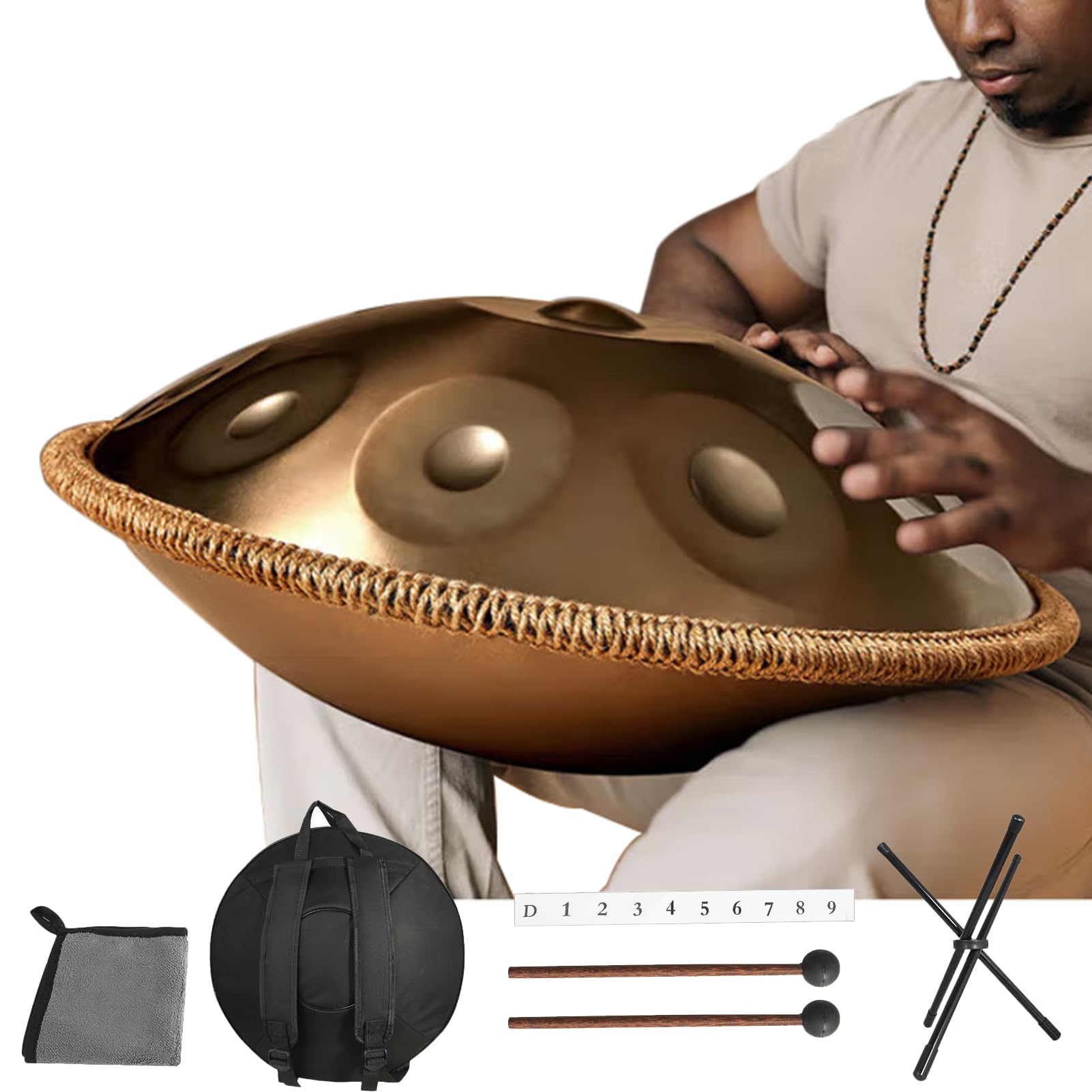 Handpan Instrument,9/10 Töne 22 Zoll Zungentrommel Stahltrommel in D-Moll Kurd 432/440 HZ mit weicher Tasche, Harmonic Percussion,Trommelständer für Sound Healing, Meditation (432hz, 10Töne)