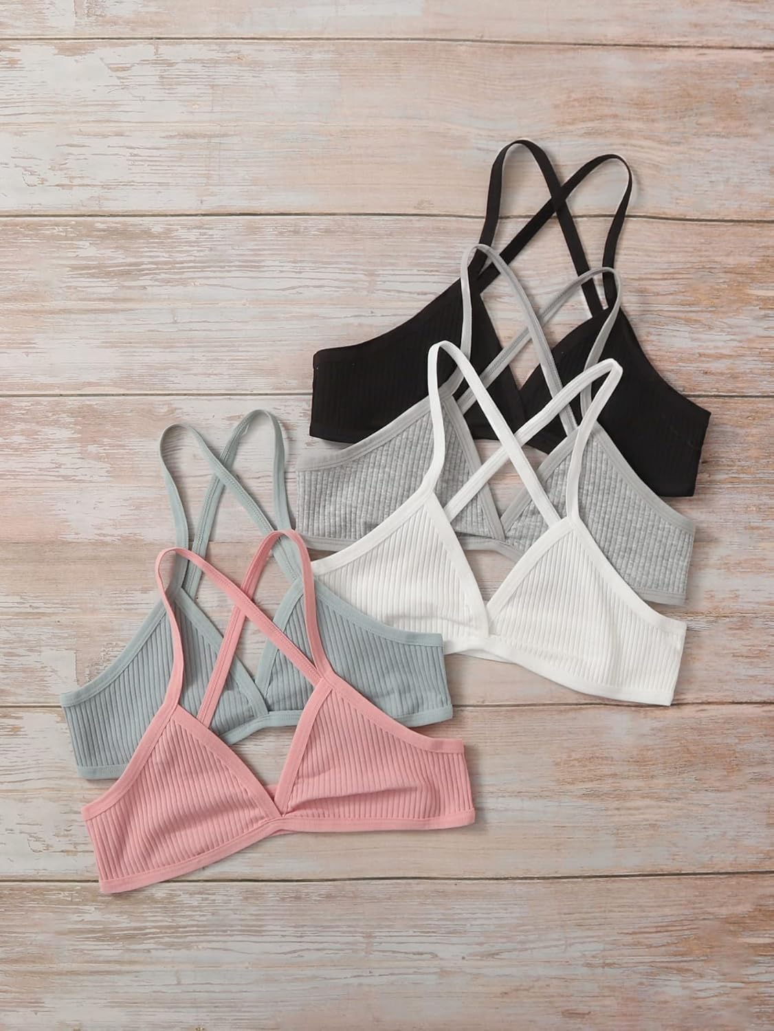 COZYEASE Women's 5 Piece Solid Ribbed Knit Criss Cross Wireless Bralettes Underwear - Image 5