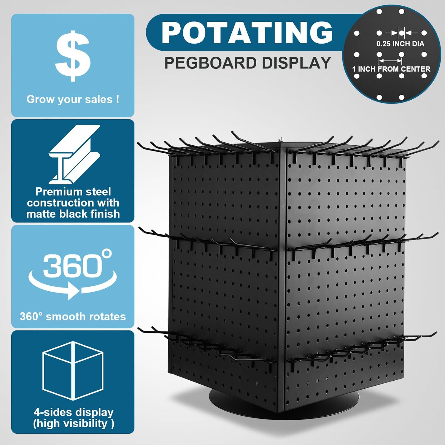 Wesiti Pegboard Metal Rotating Display Stand with 20 Hooks 4 Sided Spinning Peg Board Displays Jewelry Earring Stands Craft Keychain Rack Necklace Holder for Retail Table Counter(21",Black)