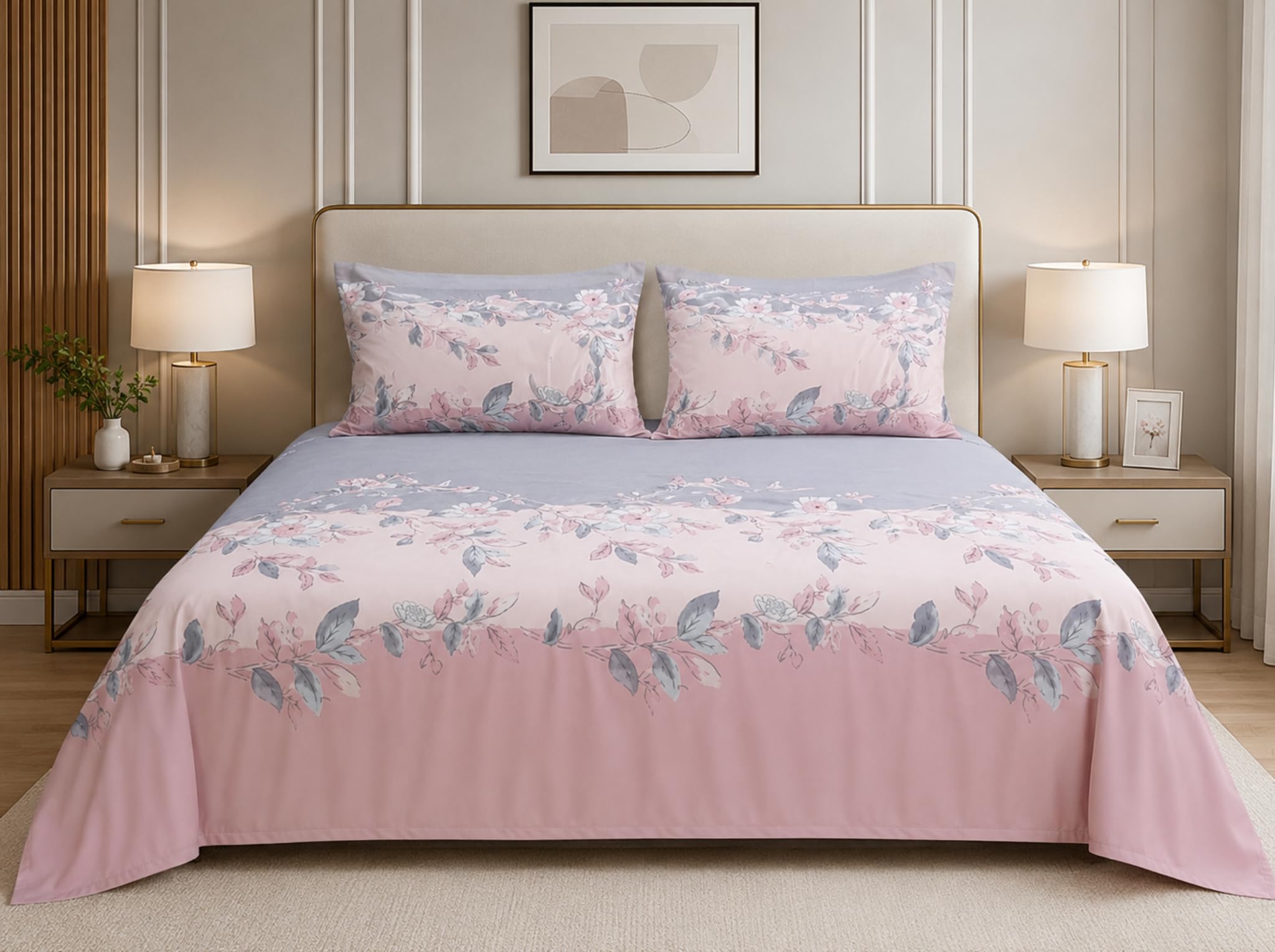 Urban Bloom Poly-Cotton Queen Size Bedsheet Set (90x100 Inches) with 2 Matching Pillow Covers - Wrinkle-Free Comfort || 180 TC (Blush Serenity)-image-12