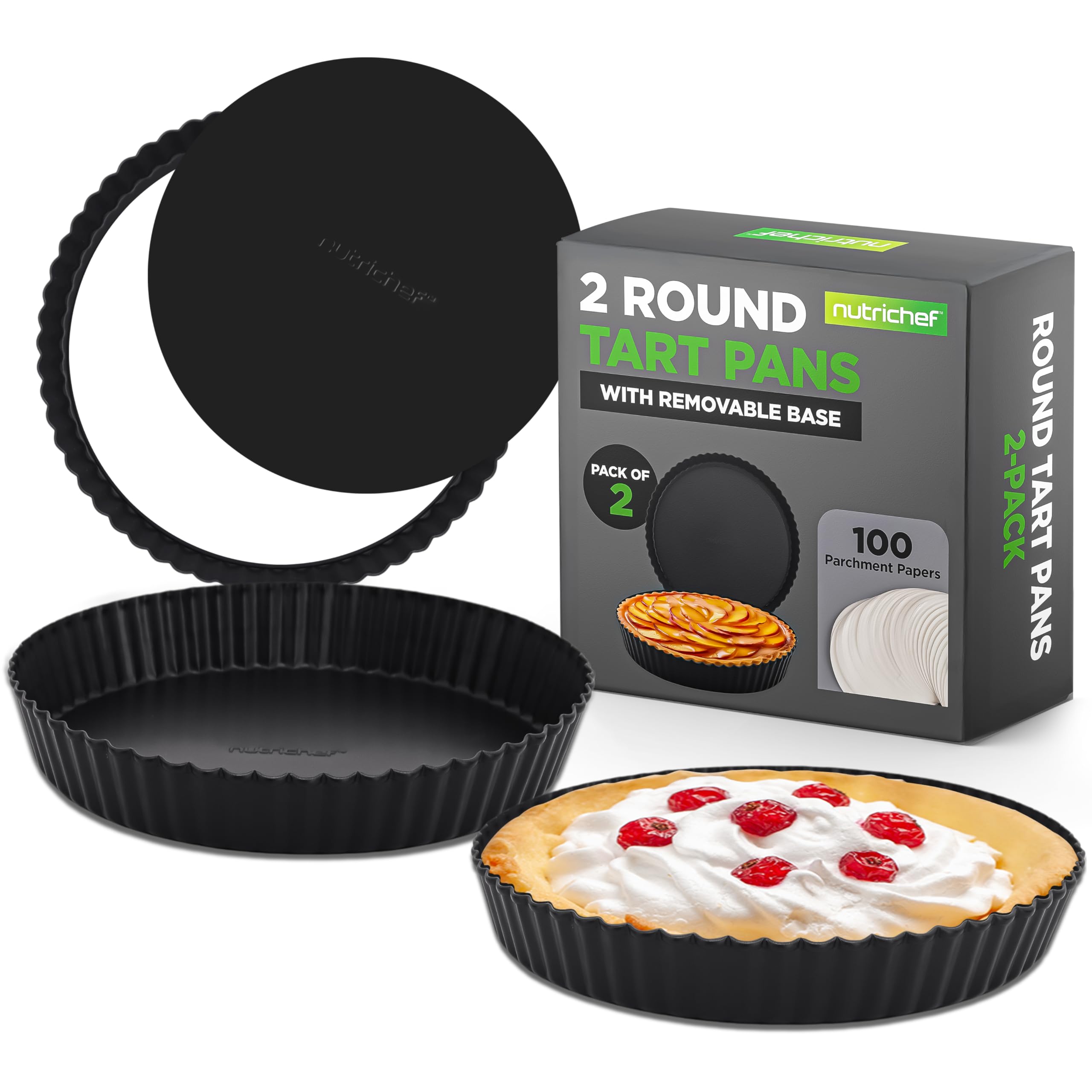 Nutrichef Tart Pans, Flan Tins, 23cm Carbon Steel Nonstick Baking Set with Removable Base, Even Heat Distribution, Includes 100 Parchment Papers, Pie Pan Moulds for Quiche, Pies, Desserts