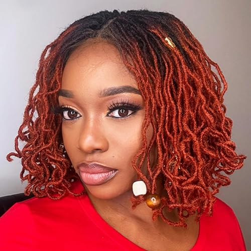 SOKU 4x4 Lace Frontal Red Faux Locs Curly Wig 12 Inch Ruby Copper Red Twist Dreadlock Wigs for Women Afro Curly Braids Synthetic Wig