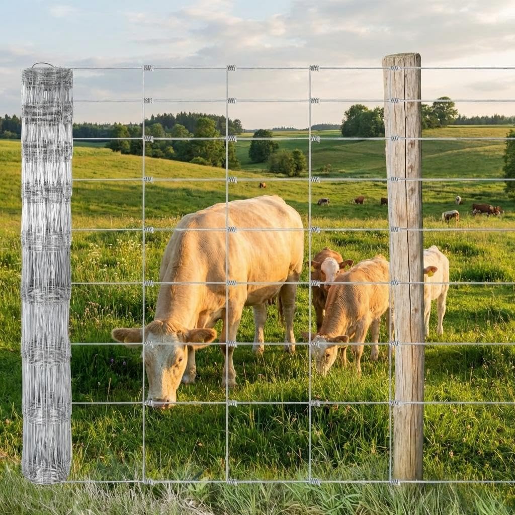 Livestock Fence, 4Ft x 328Ft Galvanized Wire Fencing, Cattle Farm Fence, Heavy Zinc Coated Deer Goat Cattle Fence for Farm Yard Livestock Protection