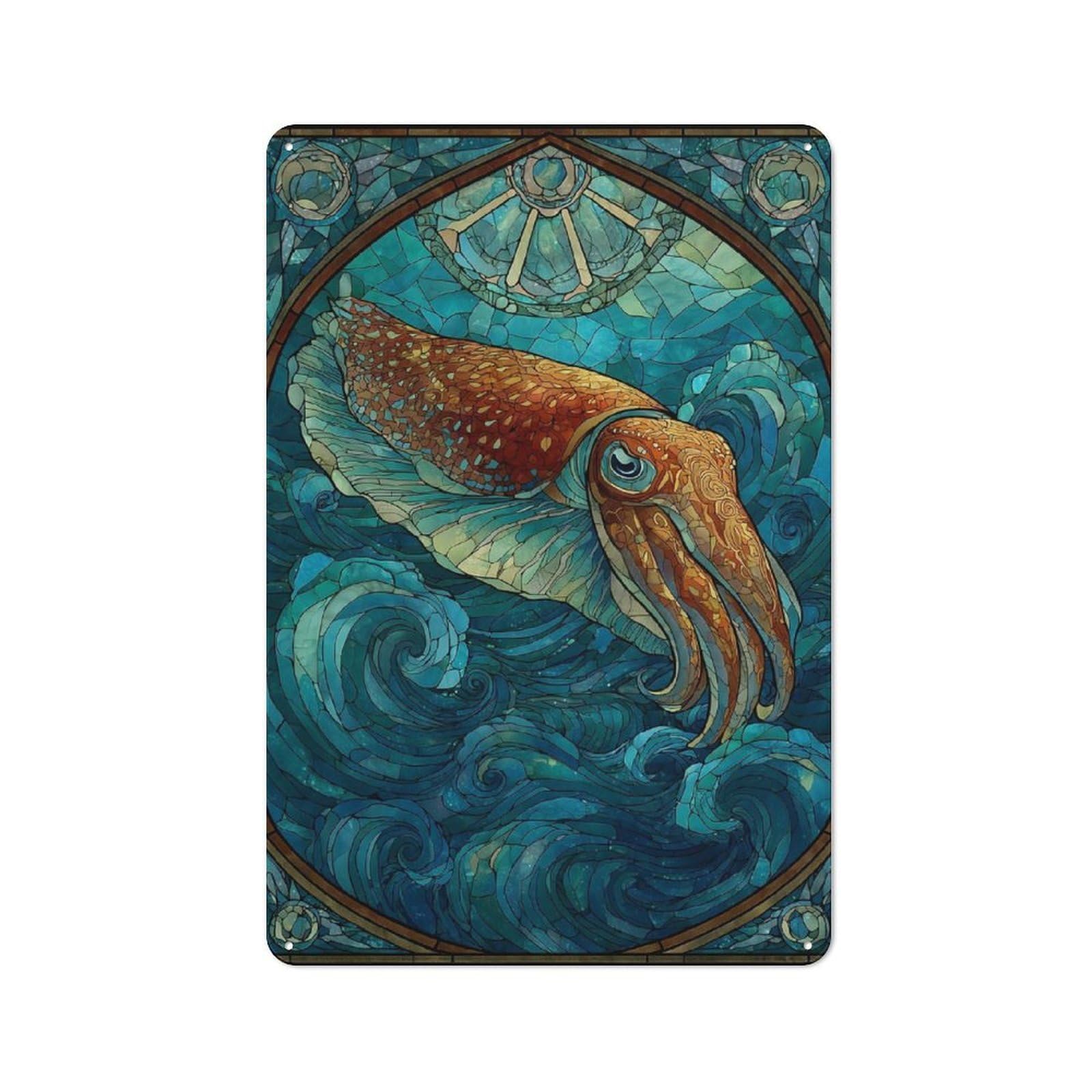 Tin Sign 30x20cm with Stained Glass Cuttlefish in Ocean for Workshop Wall, Rustic Decor, Suited to Workshop Decor Fans