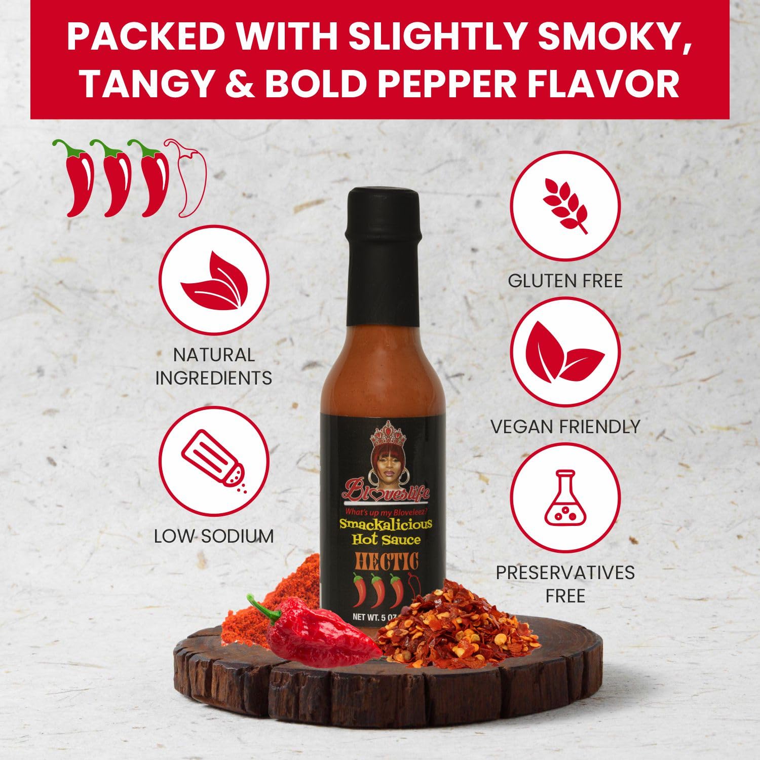 Bloveslife Smackalicious Hectric Hot Sauce 5 Oz - Vegan Organic Vinegar-Flavored Sauce, Low-Sodium, Low-Fat, All-Natural Smoky Ghost Pepper Sauce for Cooking & Meals image 2