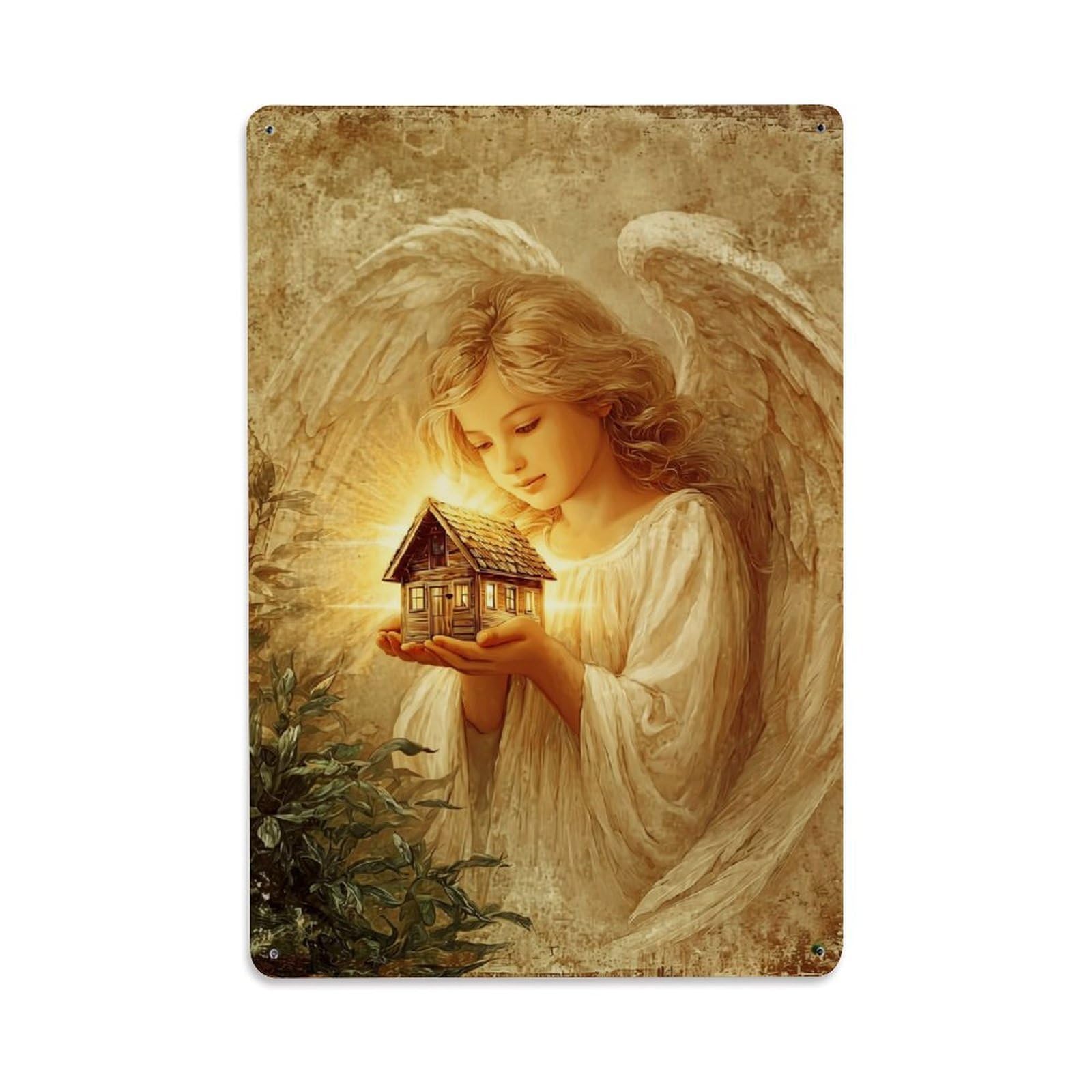 Nestemfo Vintage Angel Holding Glowing House Tin Sign Metal Sign, Living Room,Bar, Home, Bedroom Wall Decor,Retro Metal Poster 8X12 Inches