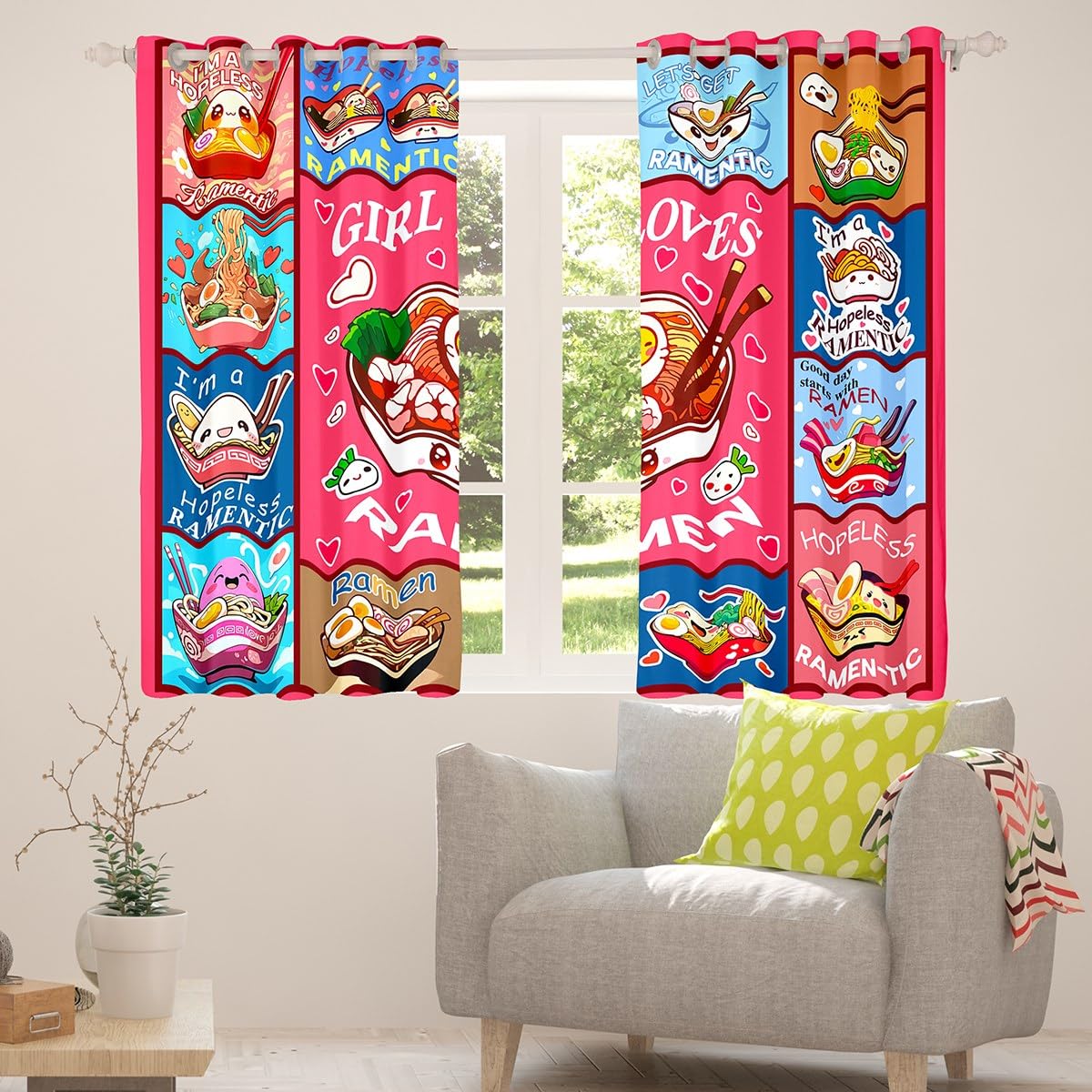 Loussiesd Ramen Vorhänge 245x140cm Kinder Jungen Mädchen Ramen Suppe Gardinen Geschenk für Mädchen liebt Nudeln Blickdichte Vorhänge Mädchen liebt Ramen Fenstervorhang Zimmer Dekor