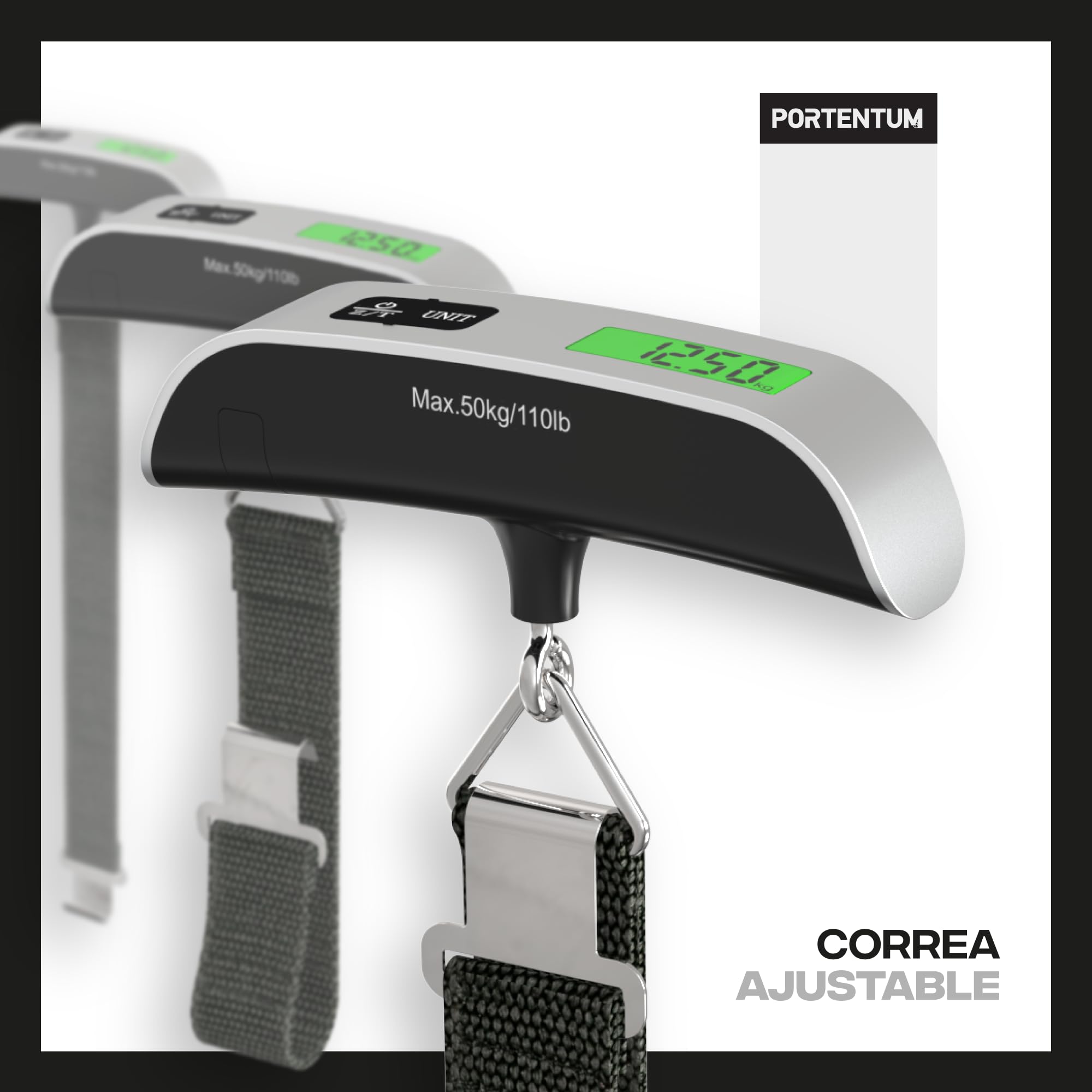 PORTENTUM Bascula maletas viaje digital con pantalla LCD – hasta 50 kg – Bloqueo de lectura automático – Peso maleta preciso para viajar – Escala de equipaje portátil con indicador de temperatura - 2