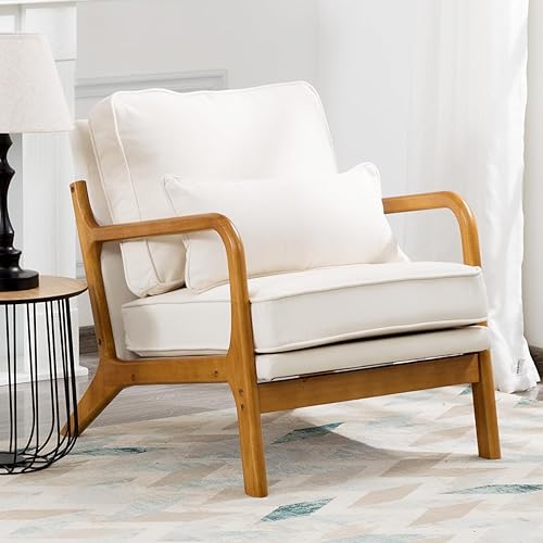 Mid-Century Modern Accent Chair for Living Room, Bedroom Upholstered Armchairs in Linen, Indoor Lounge Reception Chairs for Guest Room, Reception Office, Beige