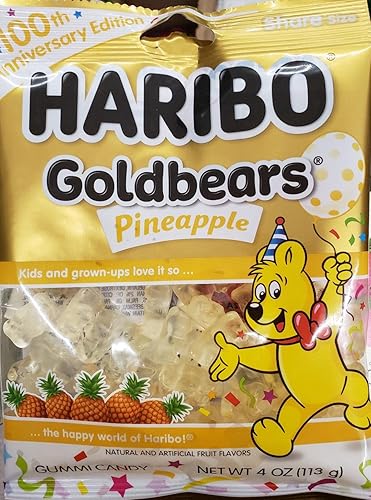 Haribo ALL Pineapple Goldbears 100th Anniversary Edition Net Wt 4oz (113g) Shar Size Gummy Candy Limited Edition Flavor
