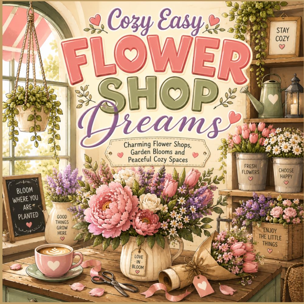 Cozy Easy Flower Shop Dreams: Charming Flower Shops, Garden Blooms and Peaceful Cozy Spaces to Color and Relax