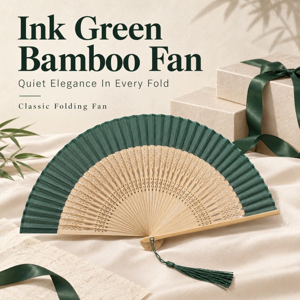 14.96" Classical Folding Fans for Women,Bamboo Silk Dark Green