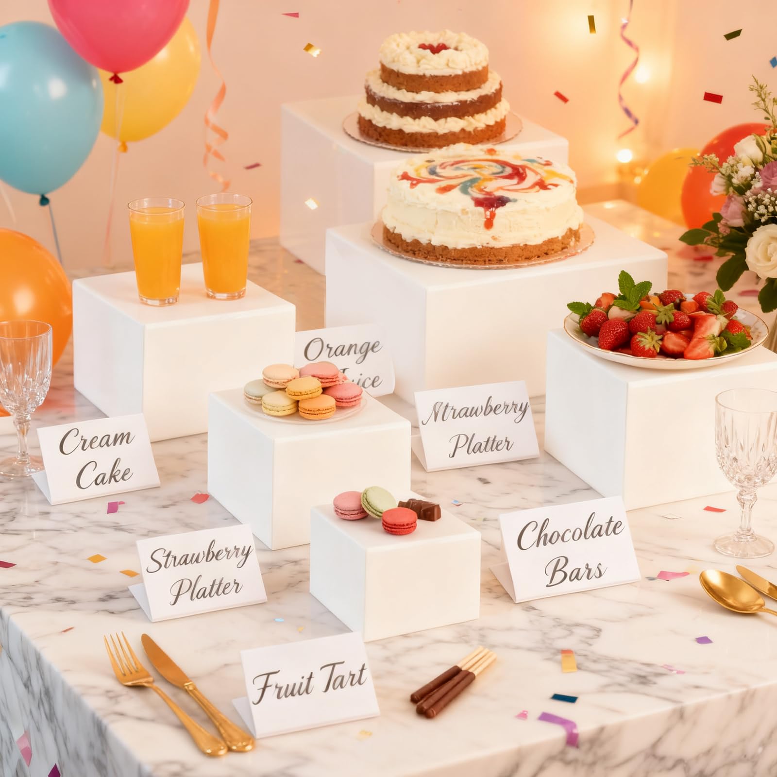 Lot de 14 rehausseurs empilables en acrylique pour buffet, 6 tailles, avec 6 mini panneaux et 2 stylos, présentoir de table avec fond creux pour fêtes, anniversaires et mariages (13 à 26 cm)