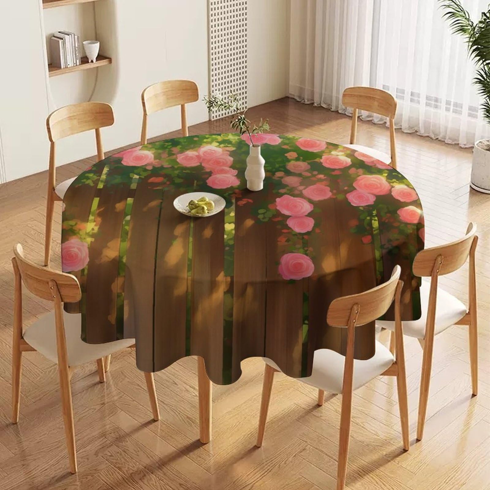 ORDOBO 3D Print Round Tablecloth - Pink Roses Round Countertop Decoration Cover Waterproof Wipeable Dust-Proof For Kitchen Dining Home 91X91Cm