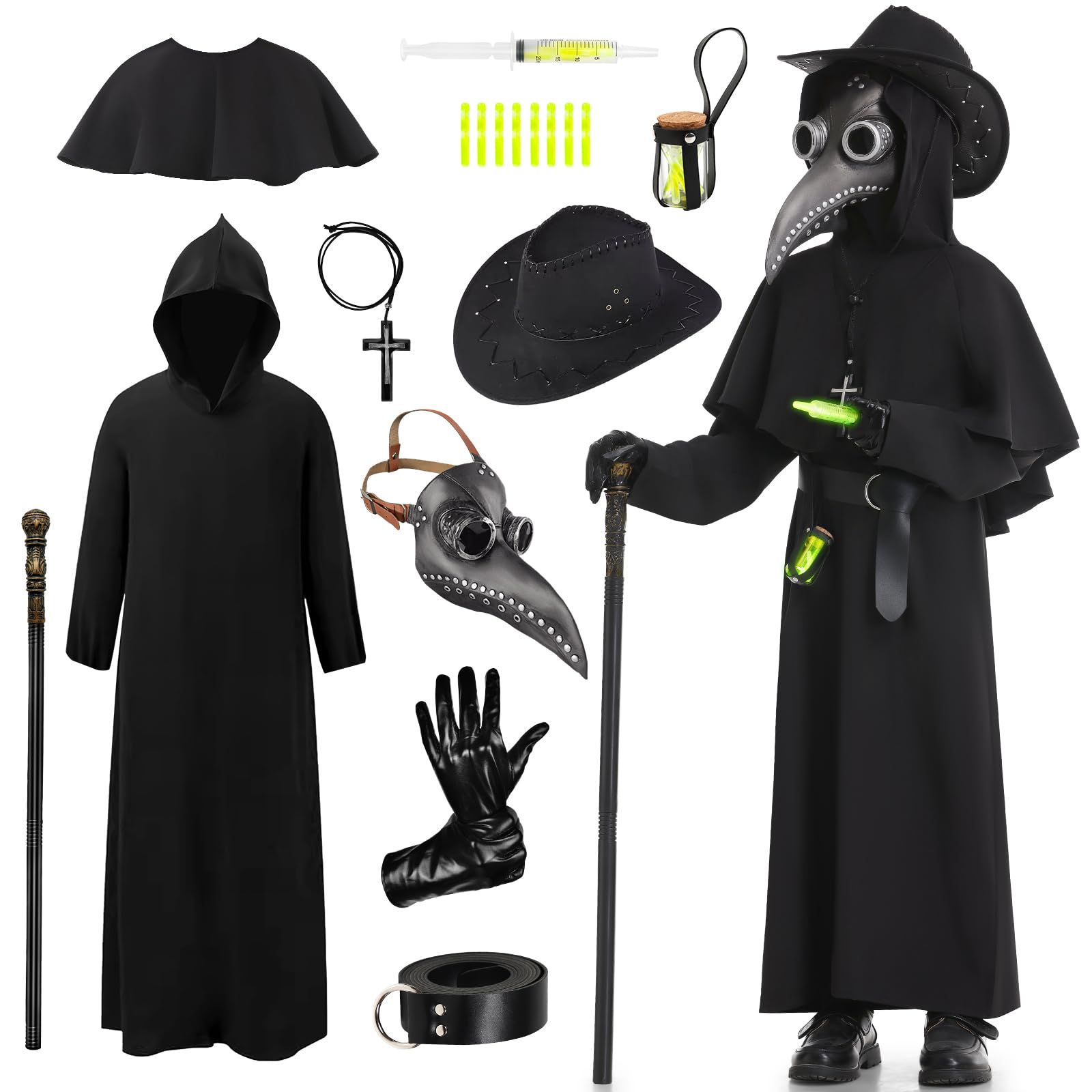 Disfraz Peste Negra Niño, Disfraz Medico Peste Negra Niño Carnaval Medieval con Máscara de Médico de la Peste Set de Accesorios para Cosplay de Carnaval (XL)