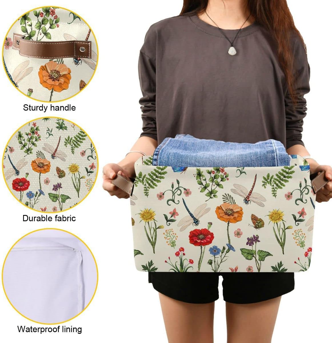 Spring Flowers Herbs Dragonfly Storage?Basket?Fabric?Laundry?Baskets Sunflower Lavender Daisy Storage?Boxes?Organizer?Bag?for?Baby?Cloth?Dog?Toy?Book?Storage?Cubes?Shelf?Closet?Bins?16¡Á12¡Á8?Inches