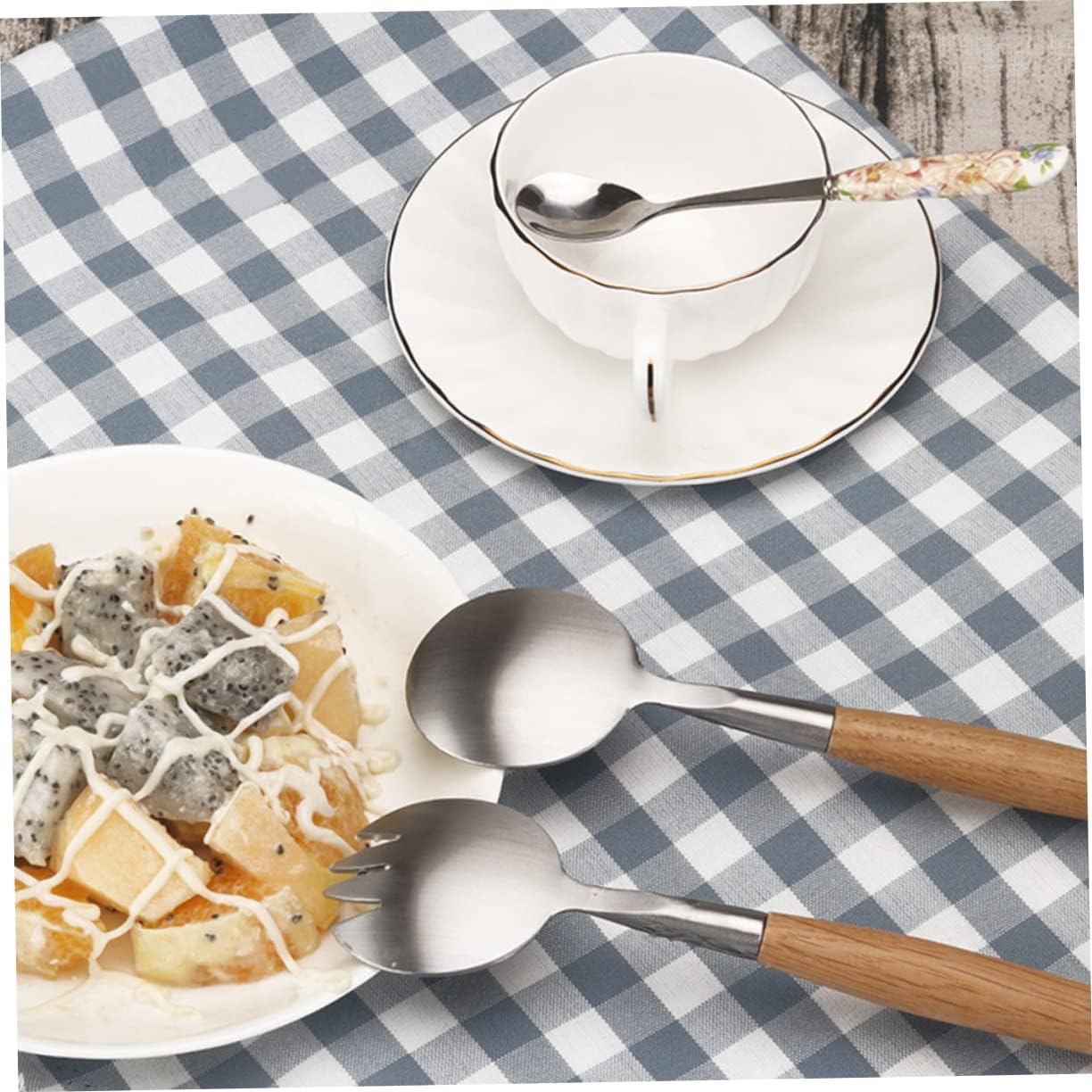 2pcs Salad Server Set, Stainless Steel Fork and Spoon, Wooden Handle