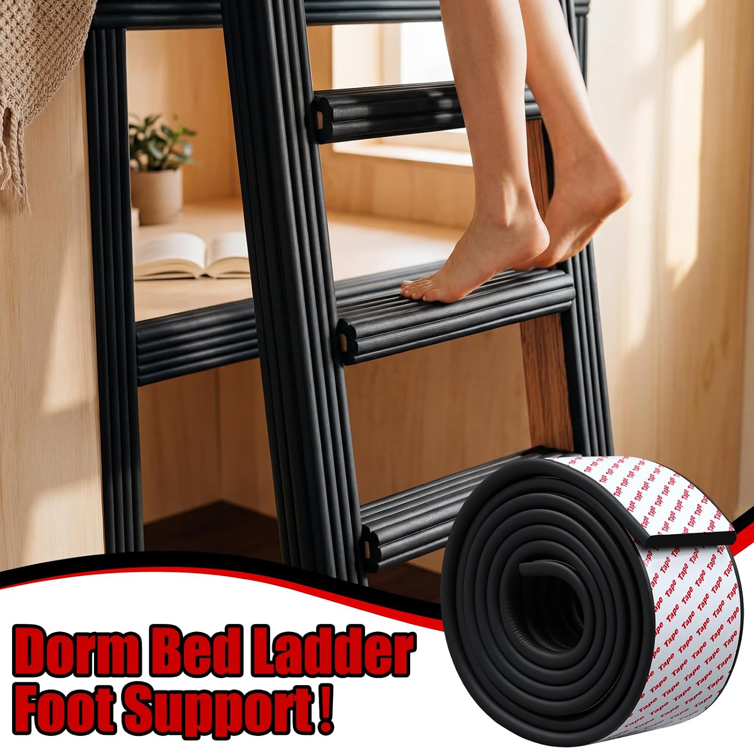 Hushee 6.5 ft College Dorm Bunk Bed Ladder Pads Self-Adhesive Black | Bunk Bed Ladder Cover Cushion, Soft, Black Steps Foot Support, for College Dorm Stair Sharp Edge Table Furniture