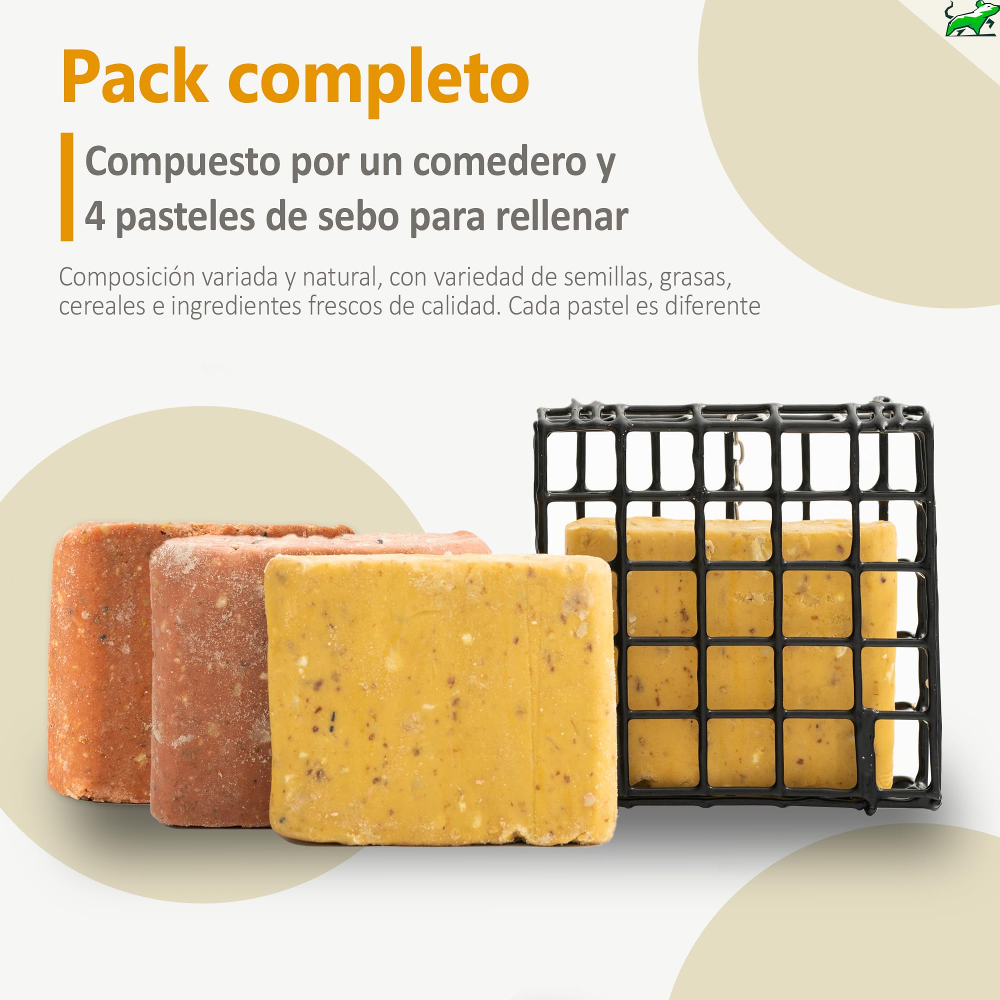 Mice&Co Comedero para Aves Colgante Exterior, con 4 Pasteles de Sebo | Atrae Aves a tu Jardín Todo el Año, Fácil de Colgar y Rellenar, Resistente y Duradero, Ideal para Regalar