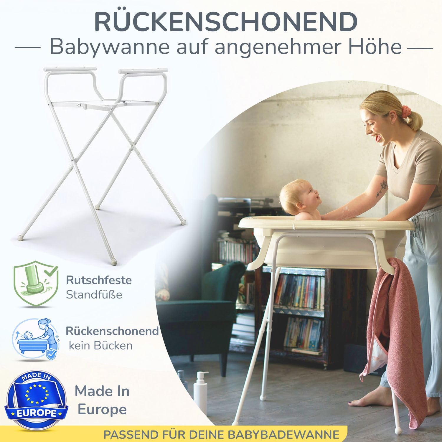 Babykajo Babybadewanne faltbar mit Ständer, Ablaufschlauch & Thermometer-Sticker, 4-teiliges Set ab Geburt, BPA-frei, EU gefertigt, 81x48x23 cm, Babywanne bis 16 Monate