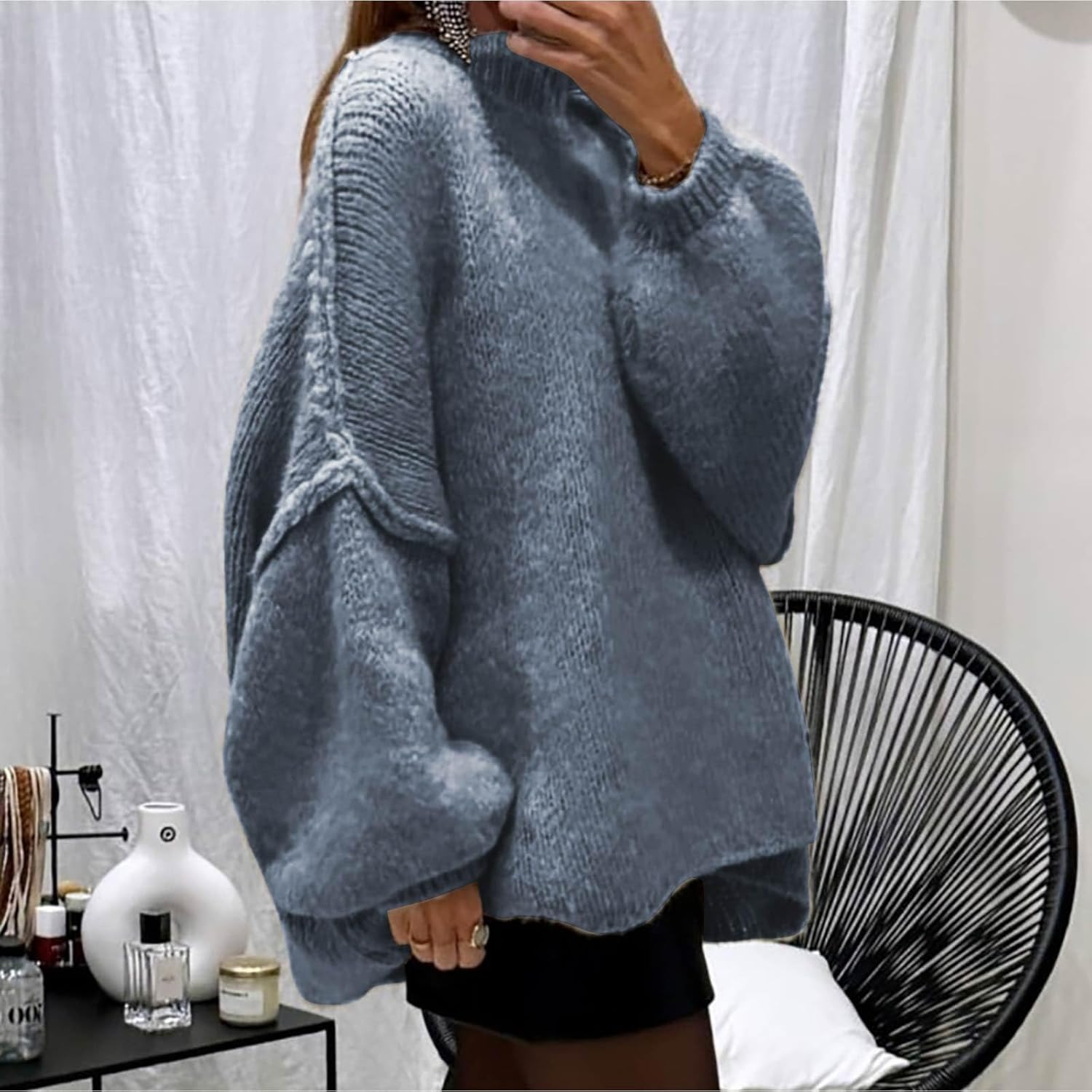 Women's Oversized Batwing Sweaters 2024 Fall Outfits Turtleneck Ribbed Knit Sweater Trendy Pullover Tops for Ladies