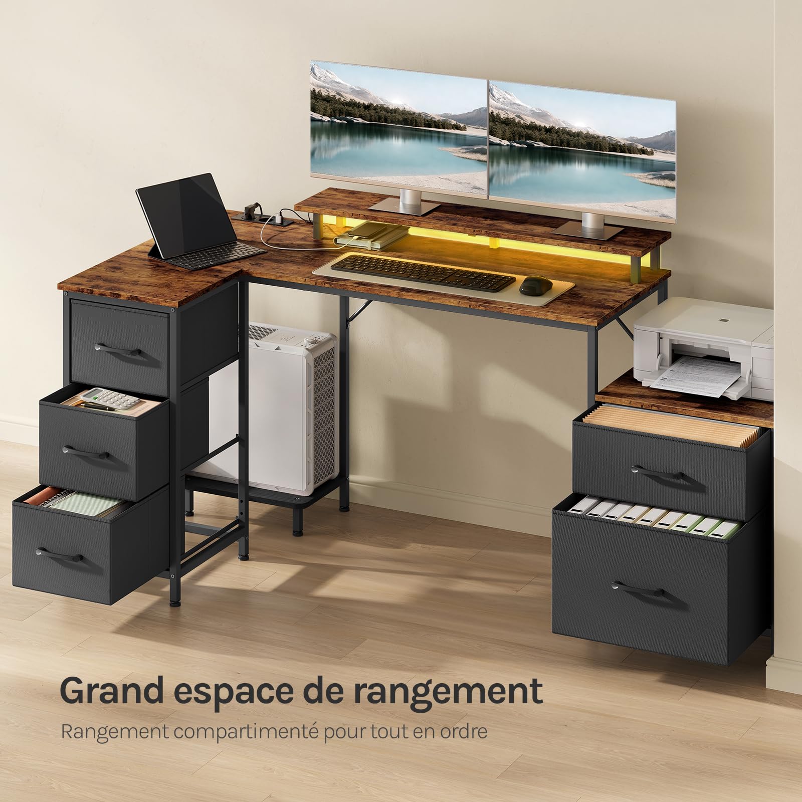 WOLTU Bureau d'angle en L avec Rangement, avec 5 Tiroirs