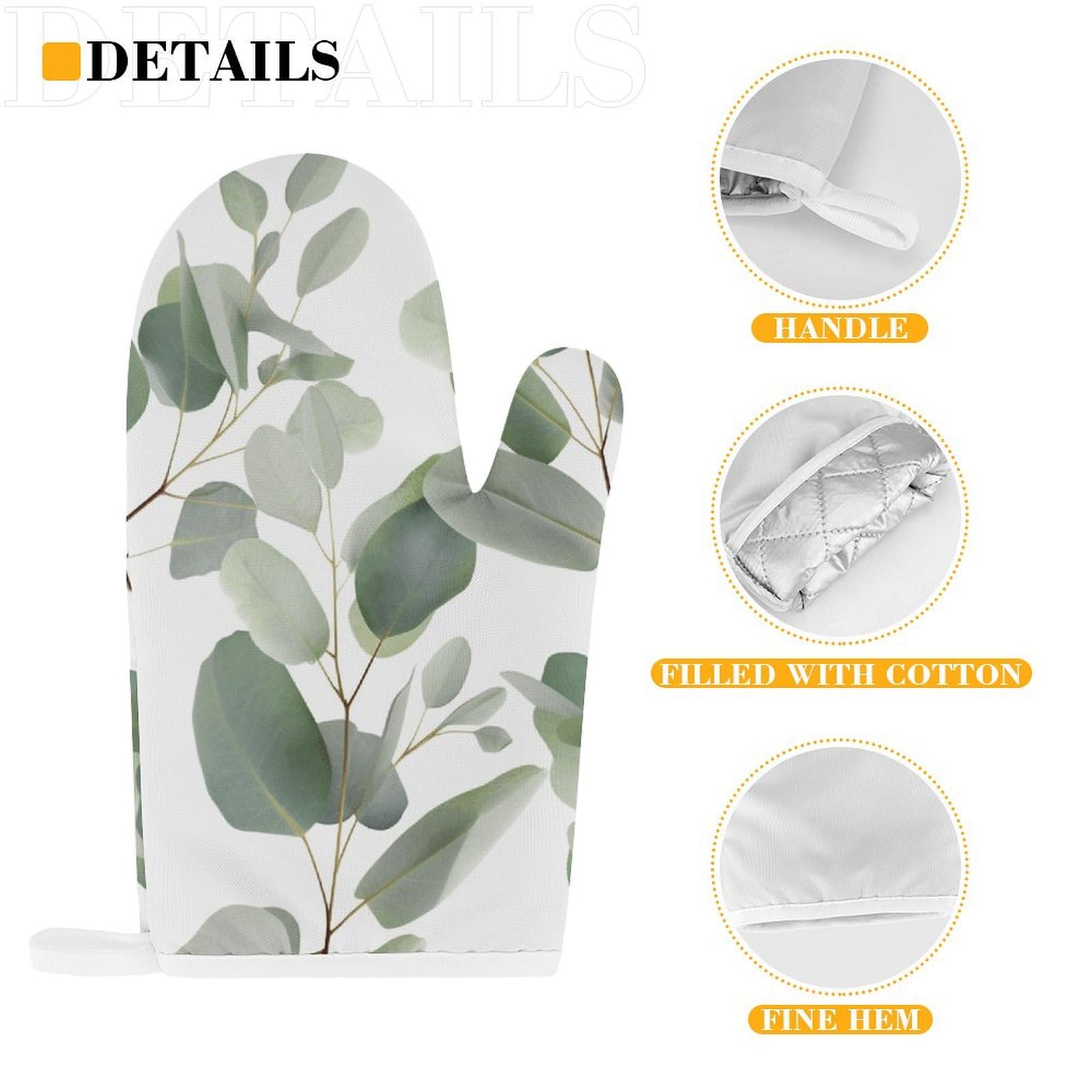 DYCBNESS Eukalyptus Ofenhandschuhe, Topflappen-Set, grüne Blätter