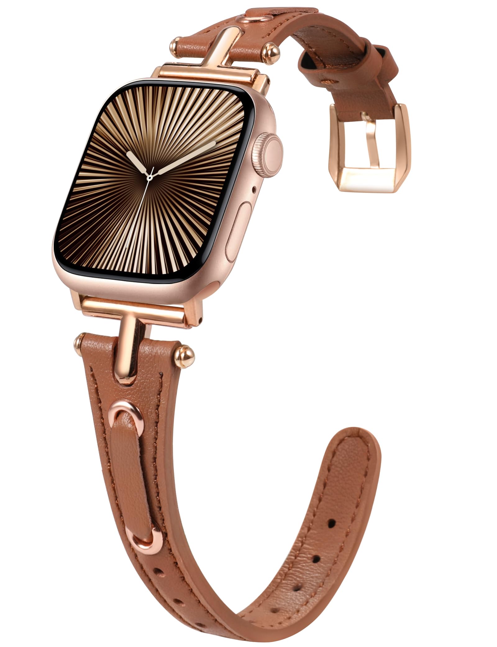 Minyee Leather Band Compatible with Apple Watch 38/40/41/42/44/45/46/49mm Women, Slim Thin Dressy Vintage Stylish Strap with T-Shape Metal Buckle for