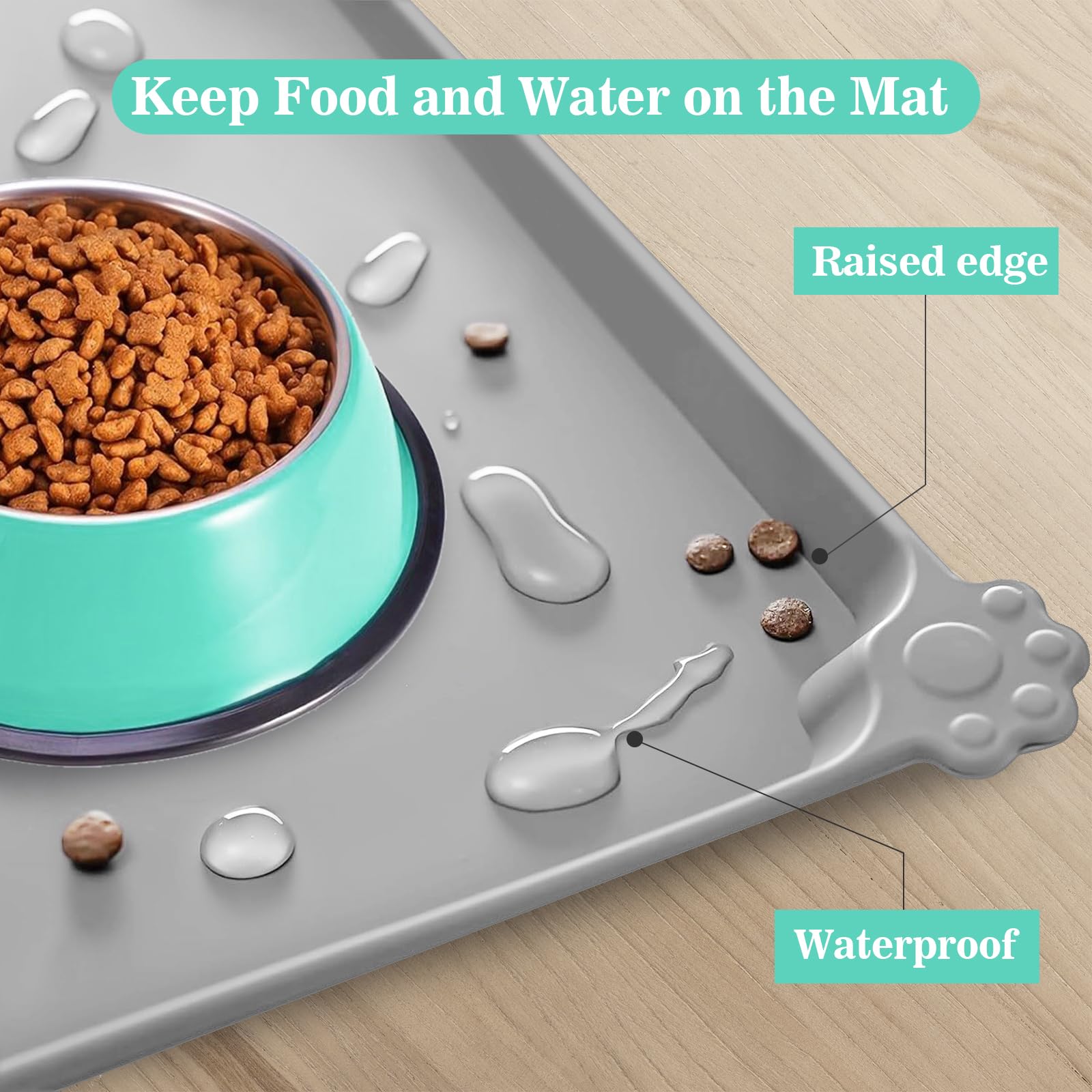 Domkan 2 Tappetino Ciotola Cane, Tappetino Ciotole Gatto 48x30cm, Antiscivolo Sottociotola per Cani, Impermeabile Tappetino Silicone Ciotole Cane, Grigio e Nero