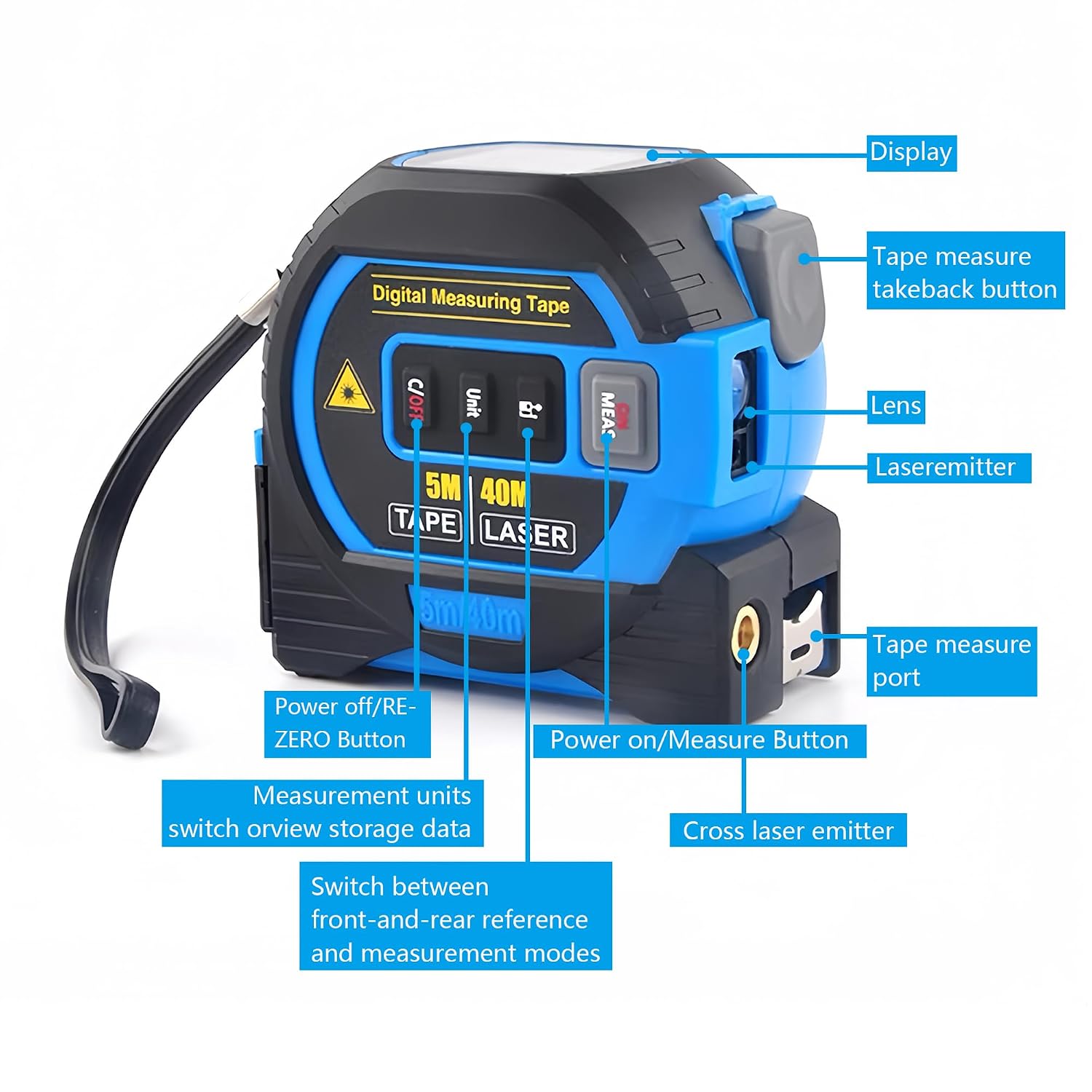 3-in-1 Digital Laser Tape Measure: 131Ft/40m Infrared Laser Measuring Tape with Digital Display, 16ft/5m Electronic Tape Measure Laser, Pythagorean, Area, Volume, Ft/Ft+in/in/M Unit (Blue)