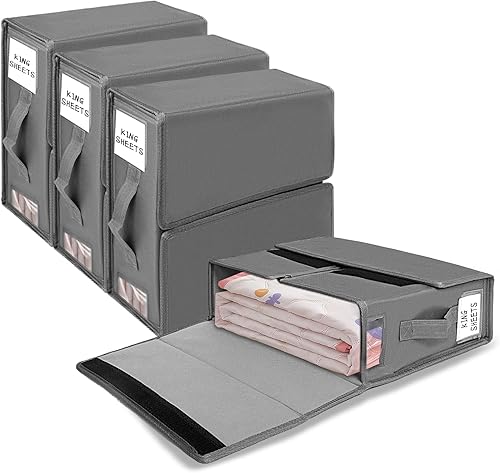 LVETOLS Paquete de 4 organizadores de sábanas, caja de almacenamiento plegable con cremallera para sábanas de cama Queen o King, organizadores de
