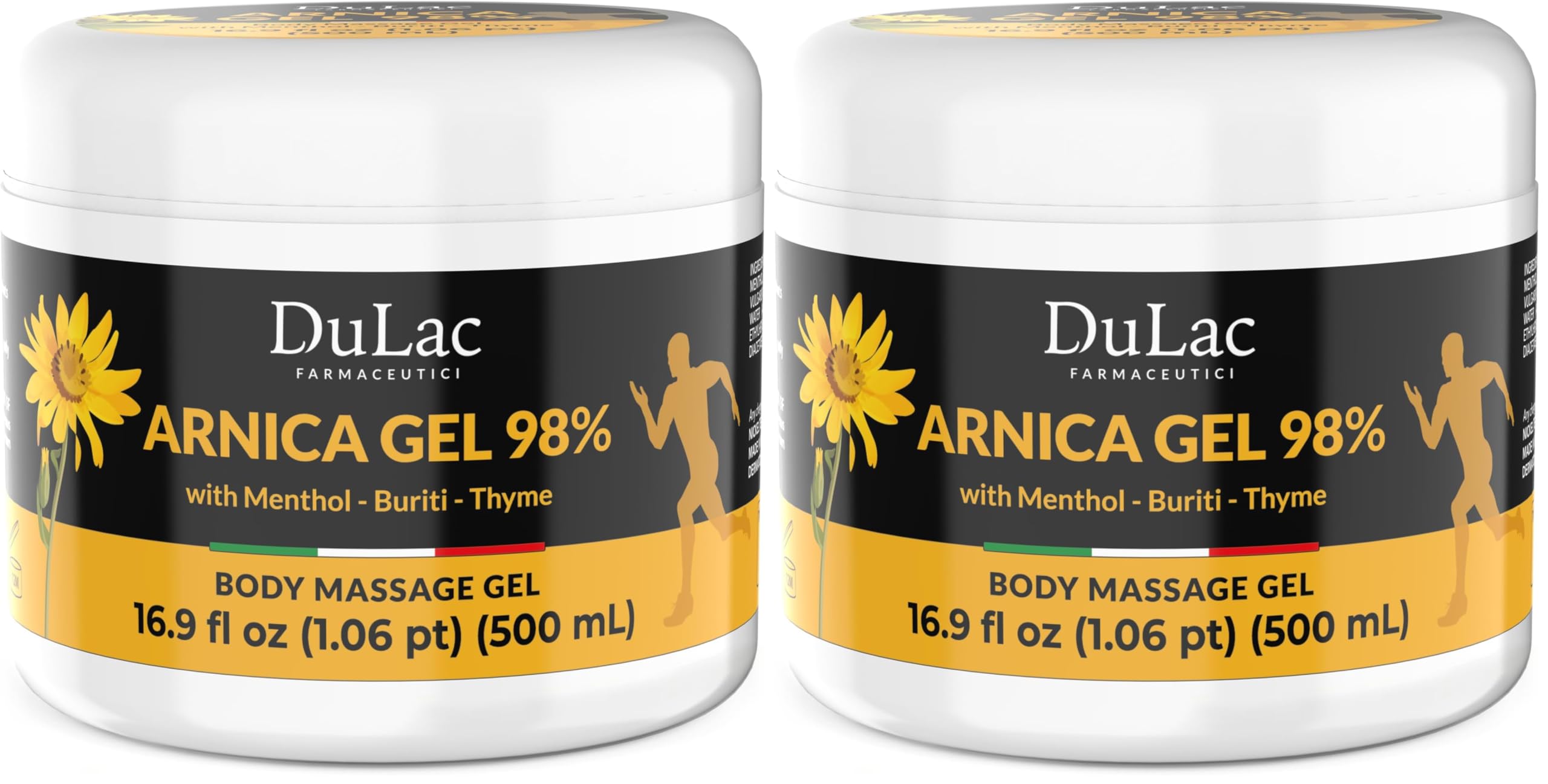 Dulac – Gel Arnica 98%, Effet Froid, 500 ml, pour le Massage Cervical, Musculaire et Articulaire, Arnica Gel Testé Dermatologiquement avec Menthol et Huile de Buriti, Made in Italy (Lot de 2)