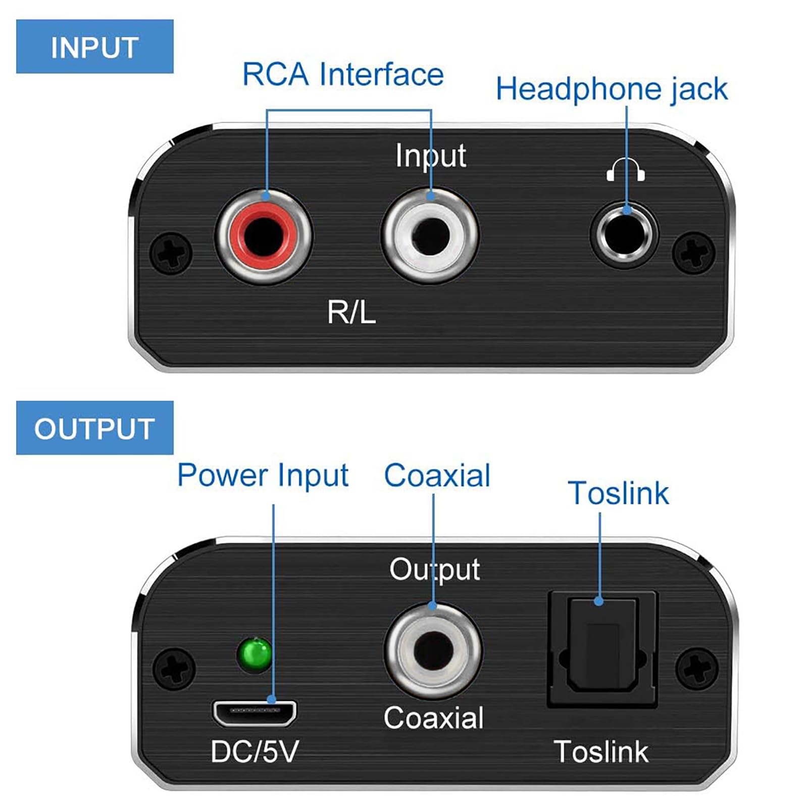AMANKA Analogico ad Digitale Audio Convertitore Adattatore, ADC da RCA 3,5 mm a Coaxial Toslink con Cavo e Power Adapter per TV DVD Blu-Ray PS3 PS4 Xbox, Alluminio