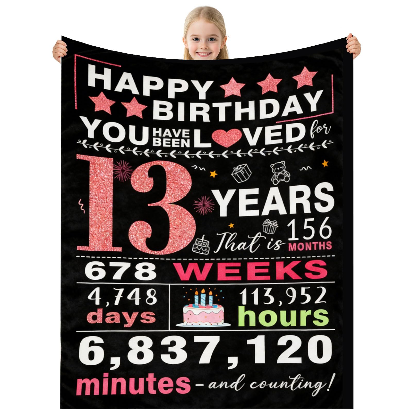 twirush 13th Birthday Gifts for Girls, 50" x 60" Gift for 13 Year Old Girl, Time Counting Birthday Blanket for 2013, Gifts for Girl, Sister, Daughter, Granddaughter, Niece on Birthday