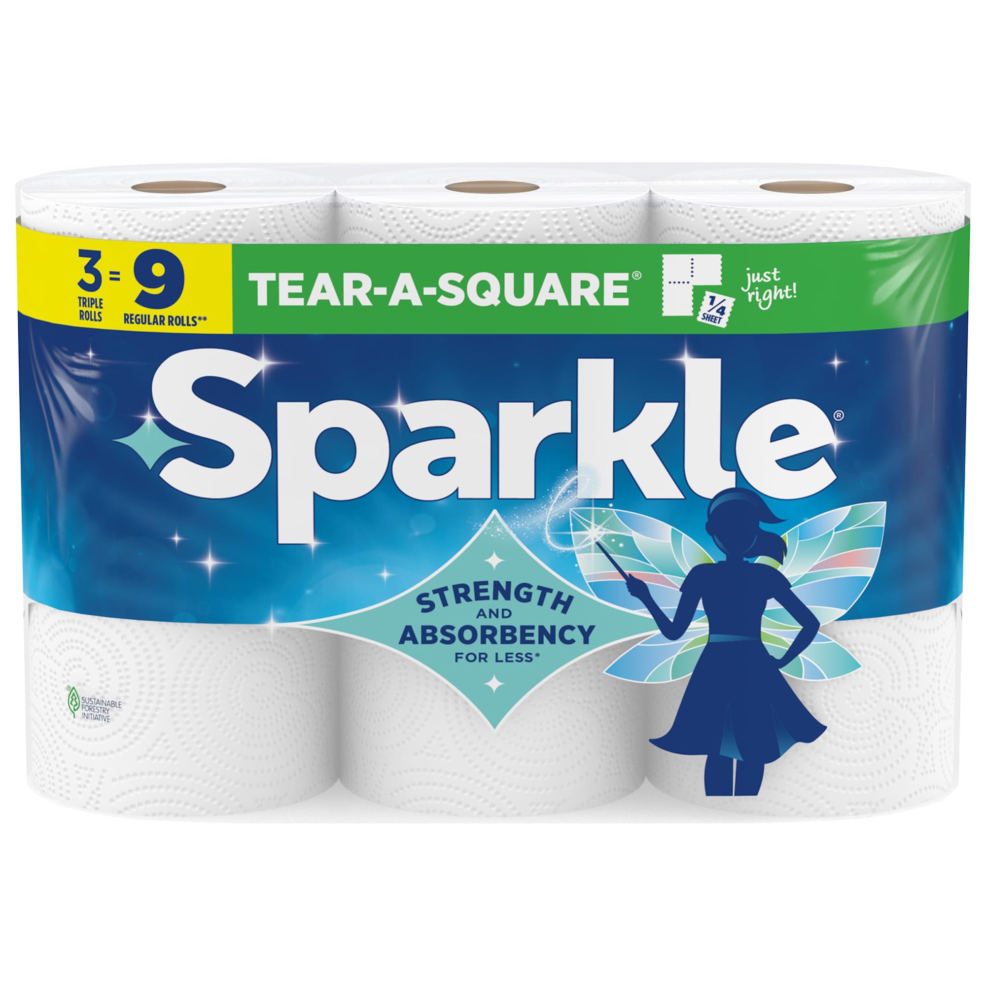 Sparkle Tear-A-Square Paper Towels, 3 Triple Rolls = 9 Regular Rolls, Strong 2-Ply Towels for Kitchen Cleanup and Everyday Messes