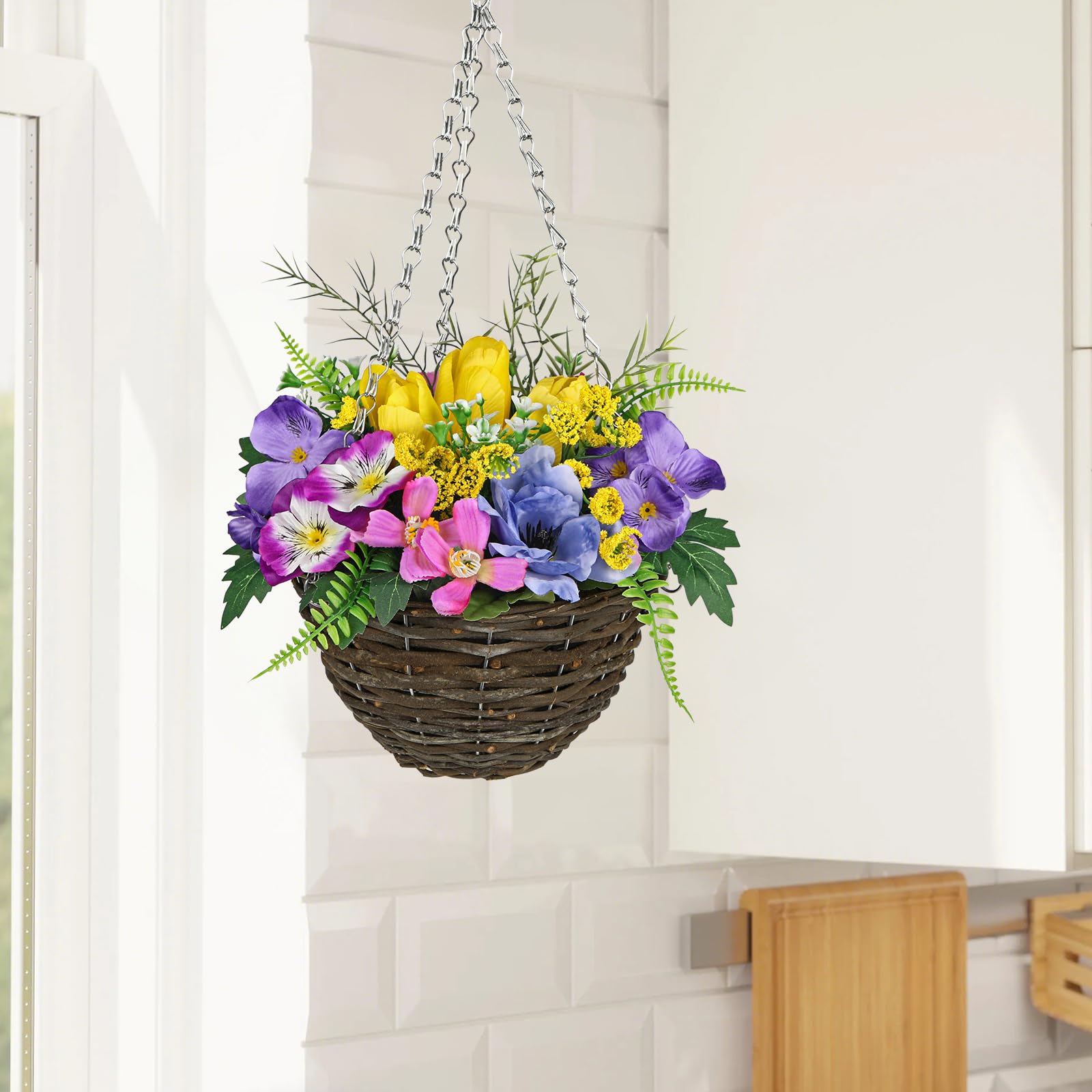 Arborus Artificial Hanging Baskets with Flowers 17.7" Fake Hanging Basket Flowers Artificial Silk Pansy Flower Baskets Decorative Faux Flower Basket for Indoors Patio Balcony Garden Farmhouse Decor - Image 4