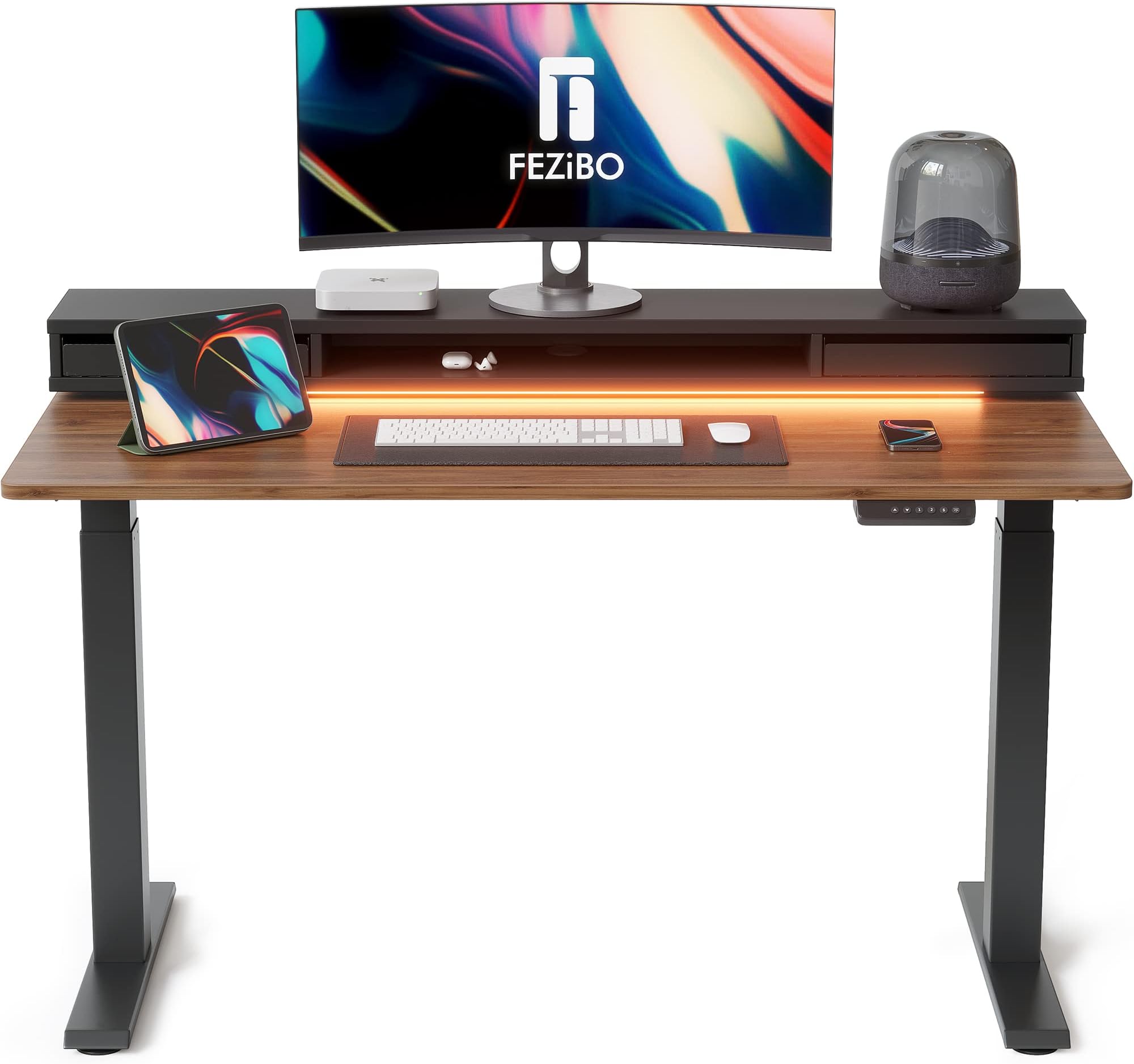 FEZIBO 55 x 26 Inch Height Adjustable Electric Standing Desk with Double Drawers, Stand Up Desk with LED Strips and Monitor Stand, Black Walnut