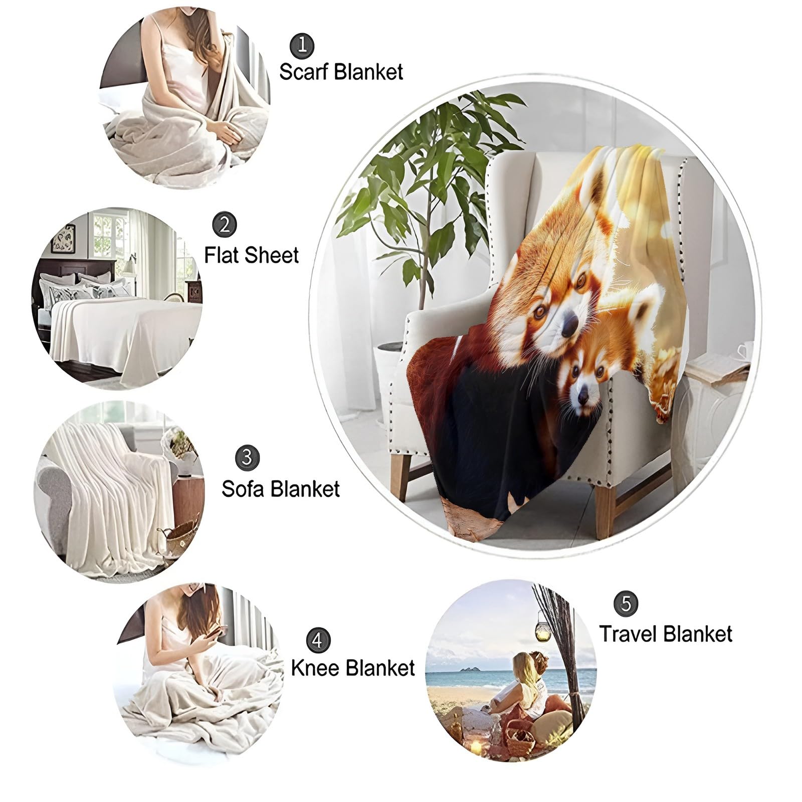 Plaid Couverture Extra Doux 180x220 cm Animal Panda Rouge Orange Couvre-lit Multi-usages Canapé, Plaid pour lit, Couverture Foulard Doux et Chaude Plaid Canapé Flanelle