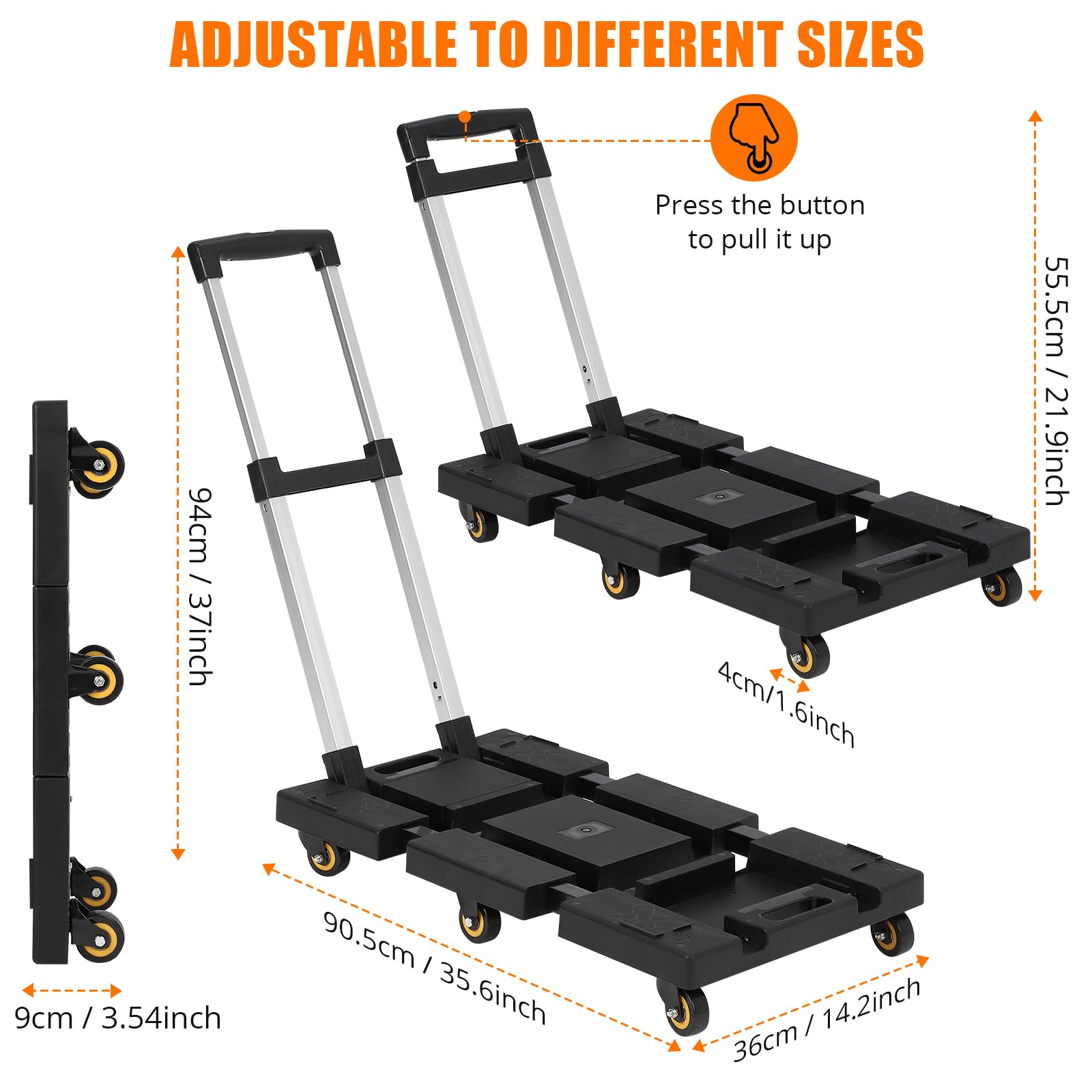 Carrello a mano pieghevole, carrello per bagagli con capacità di 500 libbre, pieghevole portatile con 6 ruote e 2 corde elastiche, maniglia regolabile, carrello per bagagli, personale, viaggi, auto,