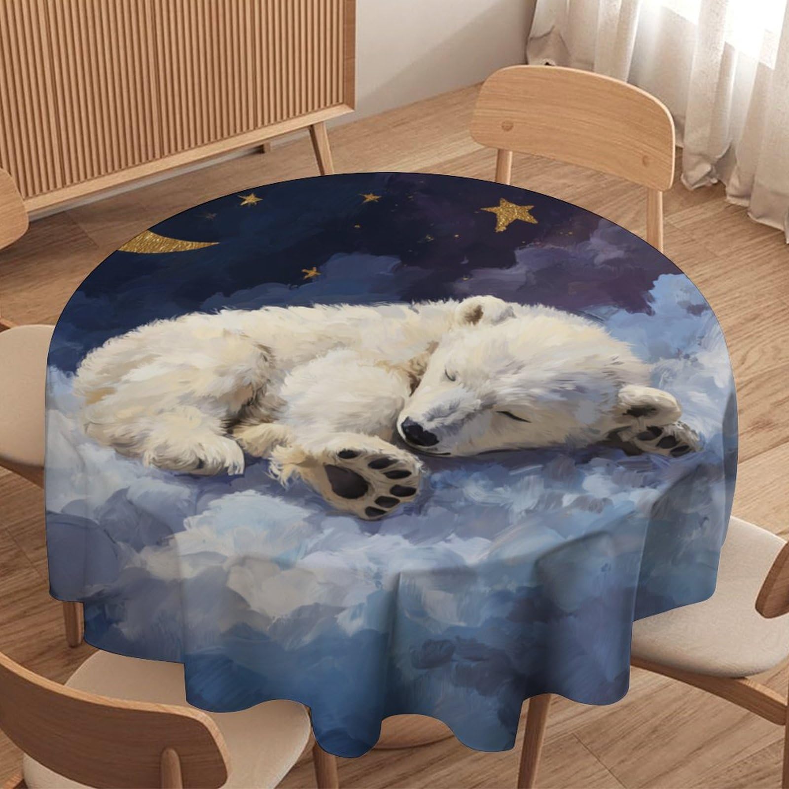 LUYYSKY Classic Retro Polar Bears Waterproof Round Tablecloth Cute Realistic Moon Starry Sky Clouds Animals Polar Bear Washable Table Cover for Kitchen-177.8" Wx177.8 L cm