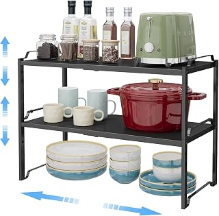 2 Pack 11” Depth Expandable Kitchen Cabinet Organizer Shelves, Metal Kitchen Countertop Organizers and Storage Shelving, Heavy Duty Stackable Storage Rack Shelf For Pantry Cupboard Counter Tabletop