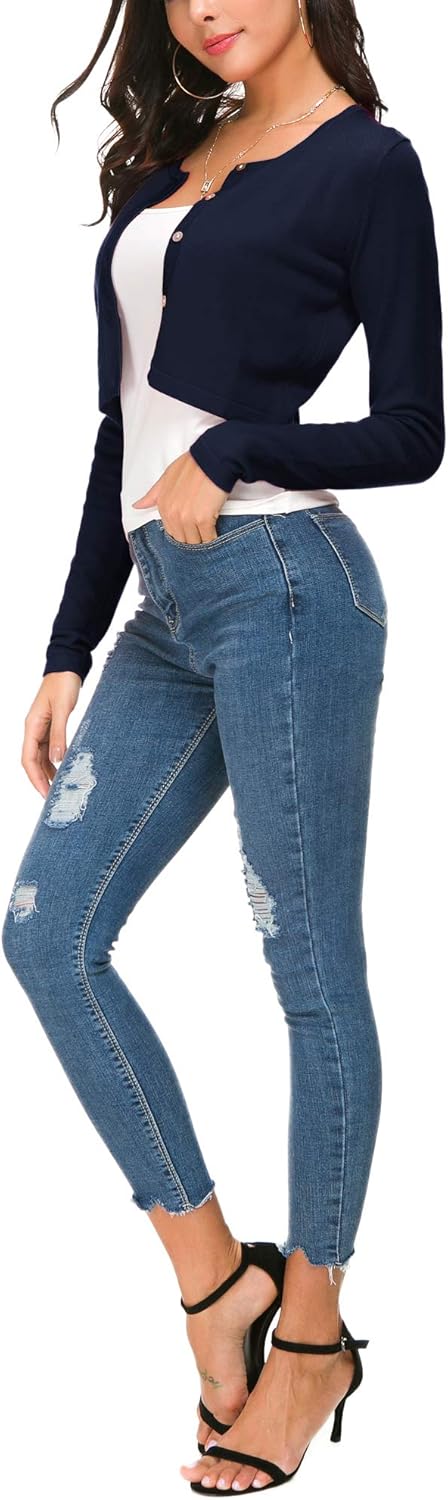 EXCHIC Women's Cropped Knit Cardigan Sweater Long Sleeve Button Down Open Front Bolero Shrug for Spring and Fall - Image 6