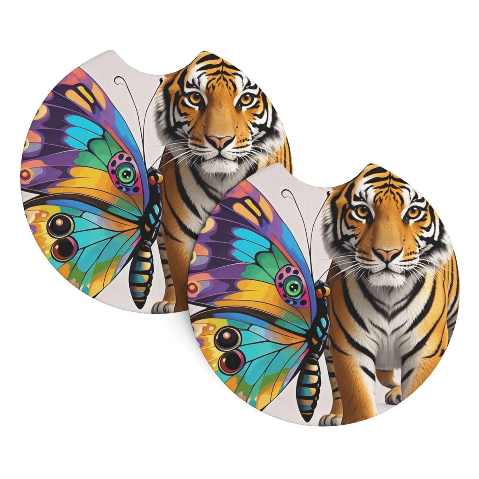2 Pack Car Coaster for Cup Holders Butterfly and Tiger Car Cup Coaster 2.7" Neoprene Non-Slip Automotive Cup Mat Universal Auto Car Interior Accessories for Women Men Cup Pad