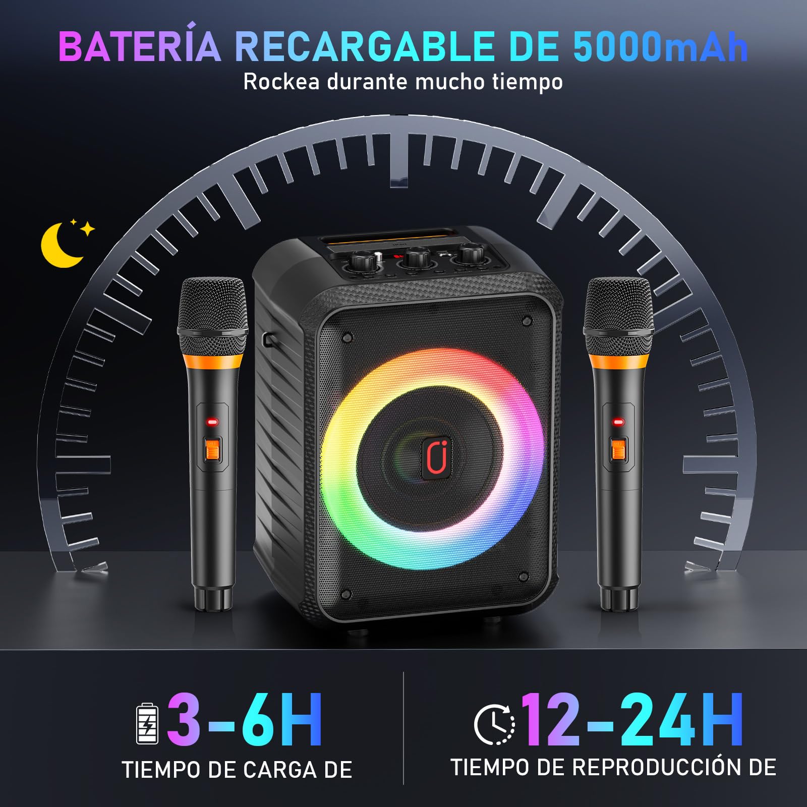 HWWR Máquina de karaoke, Dispositivo de karaoke con 2 micrófonos, Dispositivo de karaoke Bluetooth portátil con luces DJ, sistema Pa, ideal para reuniones familiares y como regalo para adultos y niños