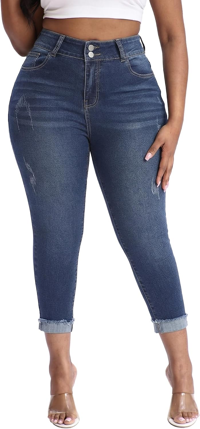 Gocolloa Womens Plus Size Capri Jeans Stretchy High Waisted Skinny Cropped Denim Capris Pants