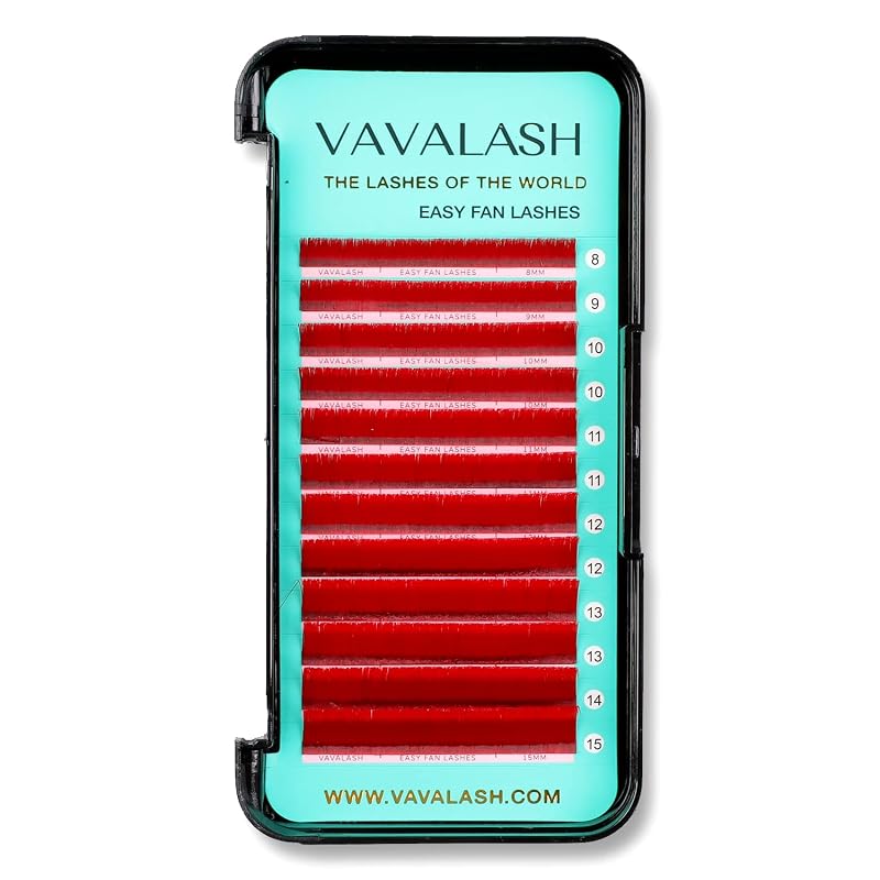 VAVALASH Extensões de Cílios Coloridas Easy Fan Vermelhas, Curvatura CC, 0,07, 8–15 mm, Bandeja com Tamanhos Mistos