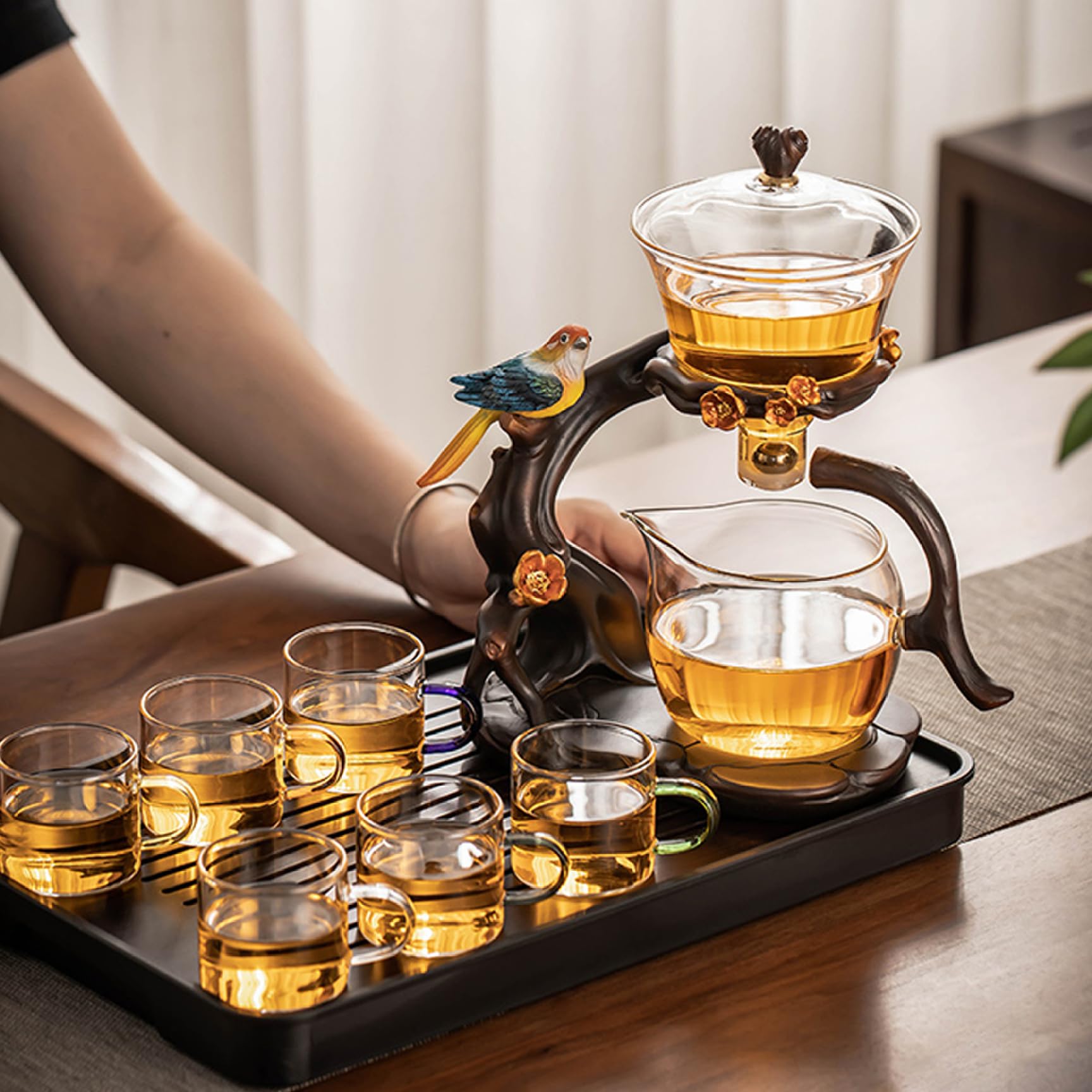 Juego de té semiautomático, tetera magnética de vidrio de alto borosilicato con infusor, tetera mágica de 300 ml + 460 ml, juego de té Kung Fu de 7, 8x4, 9x10, 4 para viajes en casa y oficina.